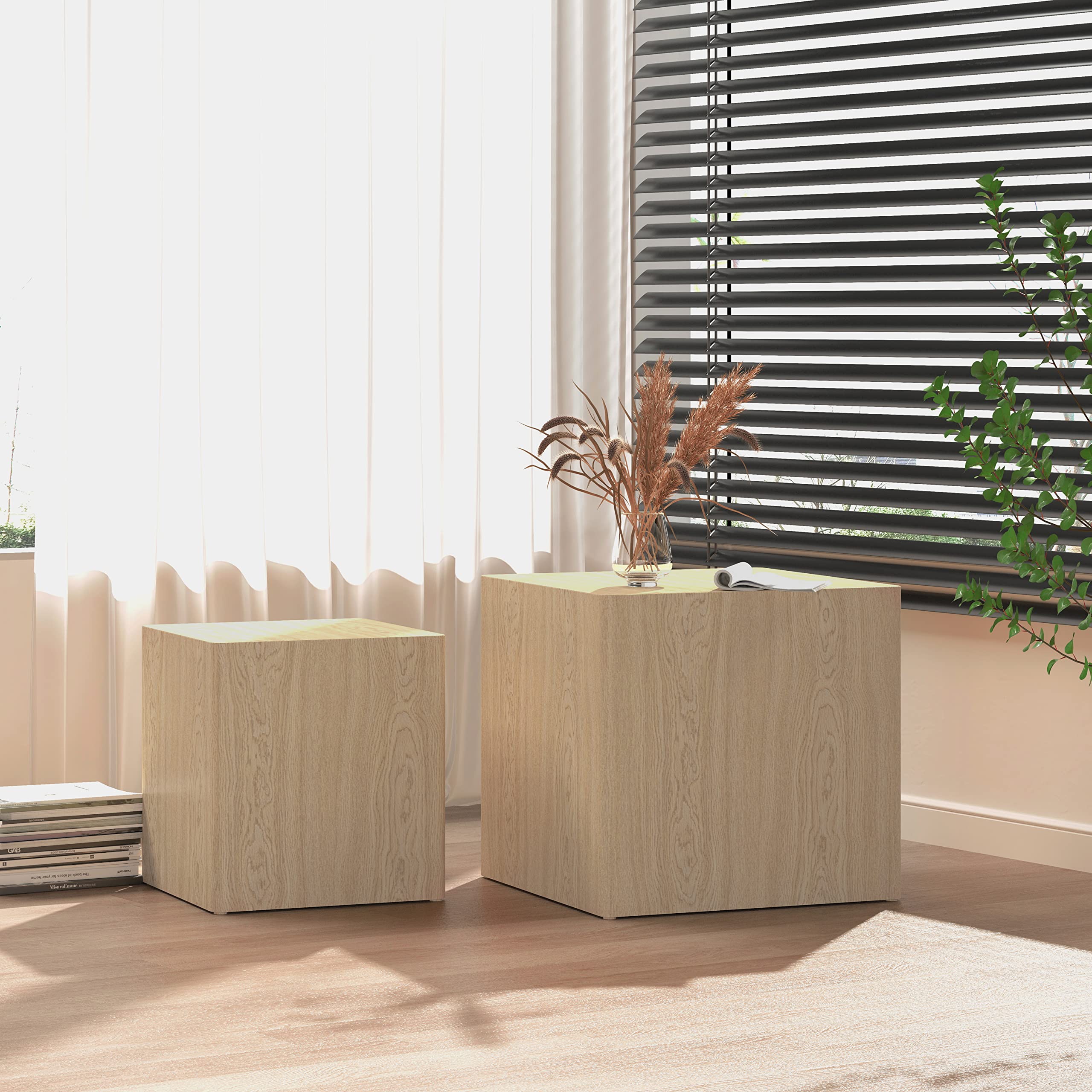 2-Piece Nesting Side End Tables Set - Faux Wood Square Minimalist Coffee Table & Nightstand for Small Spaces - Perfect for Living Room, Bedroom, or Office Use