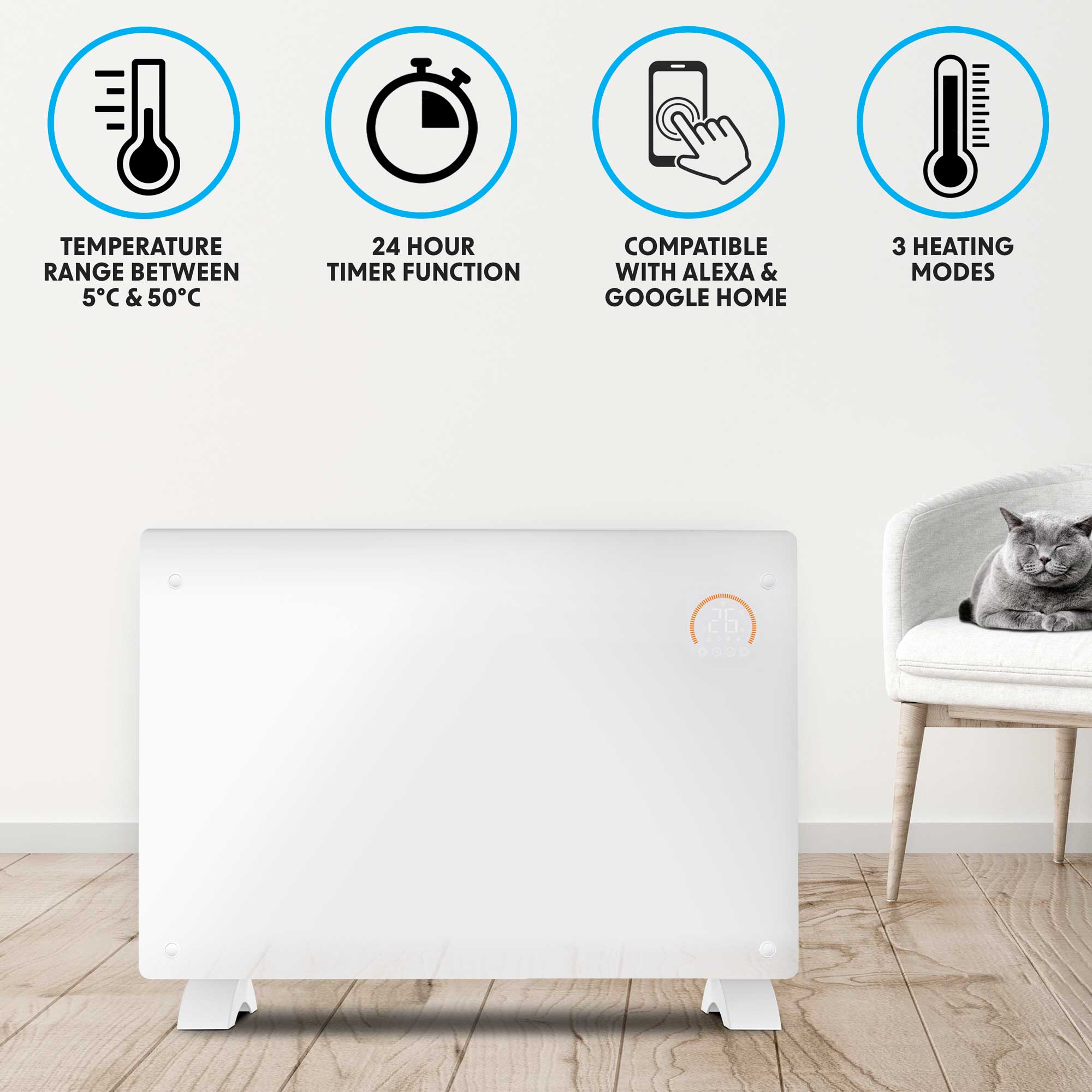 Baridi 2000W Smart WiFi Electric Glass Panel Heater with 24/7 Timer & Remote Control - White Space Heater for Bedroom, Office & Home Use (Model DH140)