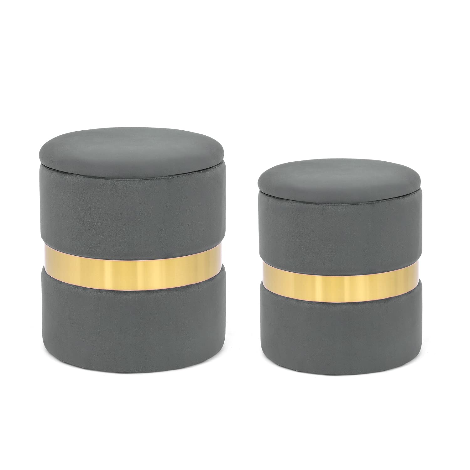 Furnistar Round Velvet Storage Footstool Ottoman (Set of 2) - Gray - Multi-Functional Living Room Footrest & Bedroom Makeup Vanity Stool with Hidden Storage Compartment - Perfect for Home Decor, Lounge Seating & Beauty Station Organization