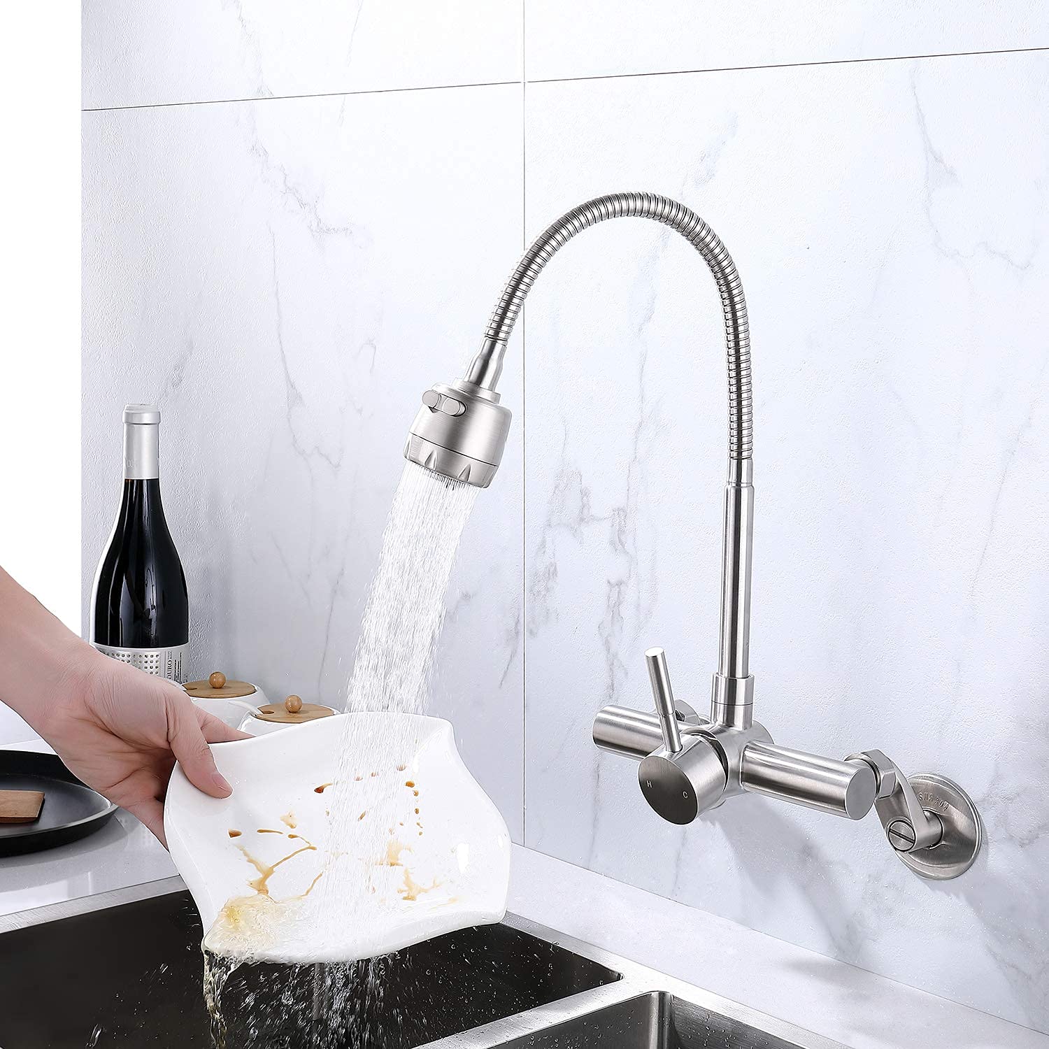 Homelava 8-Inch Brushed Nickel Wall Mount Kitchen Faucet - Single Handle Sprayer Mixer Tap with Stainless Steel Construction - Perfect for Bar Sinks, Wet Bars & Small Kitchenettes