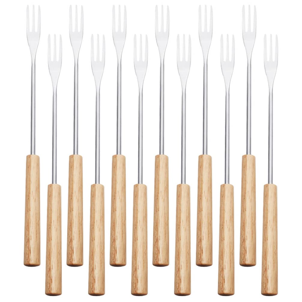 12-Piece Stainless Steel Fondue Forks Set with Wooden Handle - Chocolate & Cheese Fondue Forks, Chocolate Dipping Forks for Chocolate Fountain - Perfect for Parties, Dessert Buffets & Family Gatherings