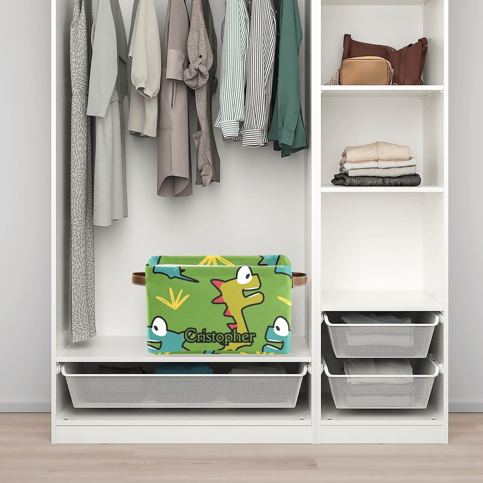Personalized Baby Dino Collapsible Storage Bins - 2 Pack Custom Decorative Baskets with Handles, Rectangular Closet Organizers for Nursery, Kids Room & Home Organization