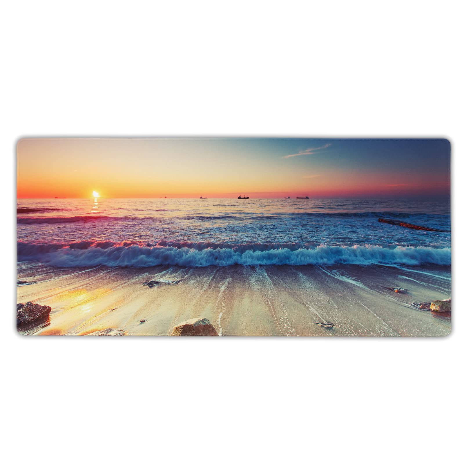XXL Beach Sunset Mouse Pad - Large Gaming Mouse Mat with Non-Slip Rubber Base & Stitched Edges (35.4x15.7 Inch) - Perfect for Office, Laptop & Gaming Desks - Coastal Themed Desk Mat for Work & Play