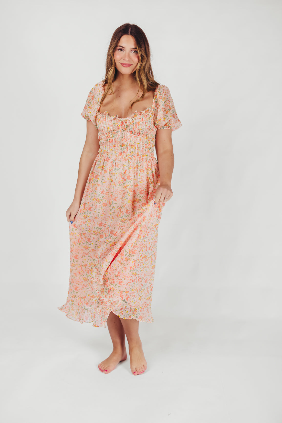 Lunaria Pleated Bustier Midi Dress - Floral Orange Summer Dress for Women | Perfect for Weddings, Parties & Date Nights