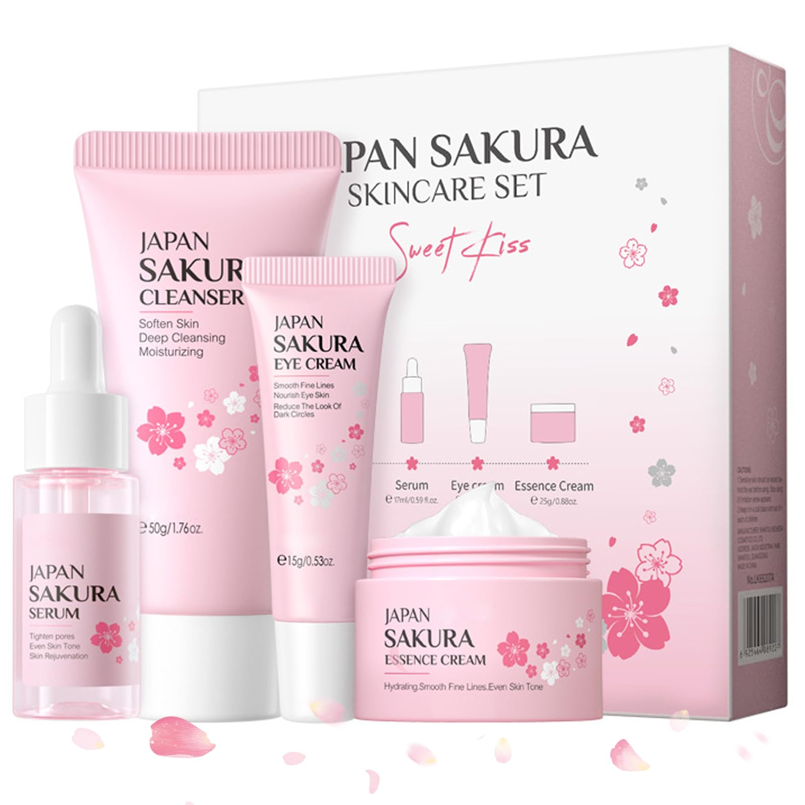 Japanese Sakura Skincare Gift Set for Women - Cleanser, Serum, Eye Cream & Moisturizer Kit | Hydrating Anti-Aging Travel Beauty Essentials | Perfect Birthday, Anniversary & Self-Care Pampering Gift