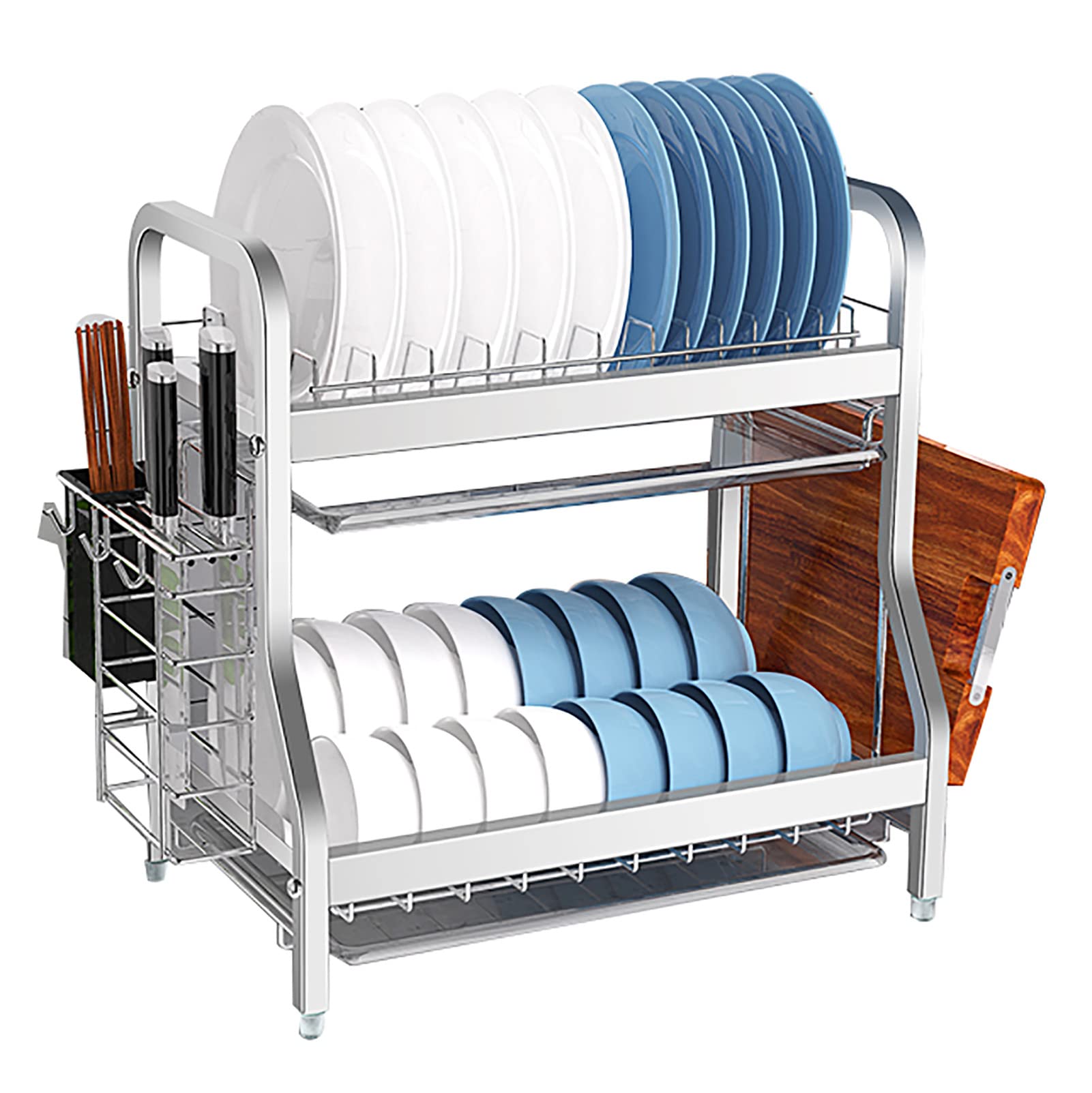 Premium 2-Tier Stainless Steel Dish Drying Rack with Drainboard, Knife & Fork Holder, Cutting Board Storage - Easy Assembly (42×27×41cm, Silver) - Perfect for Small Kitchens, Apartments & Countertop Space Saving