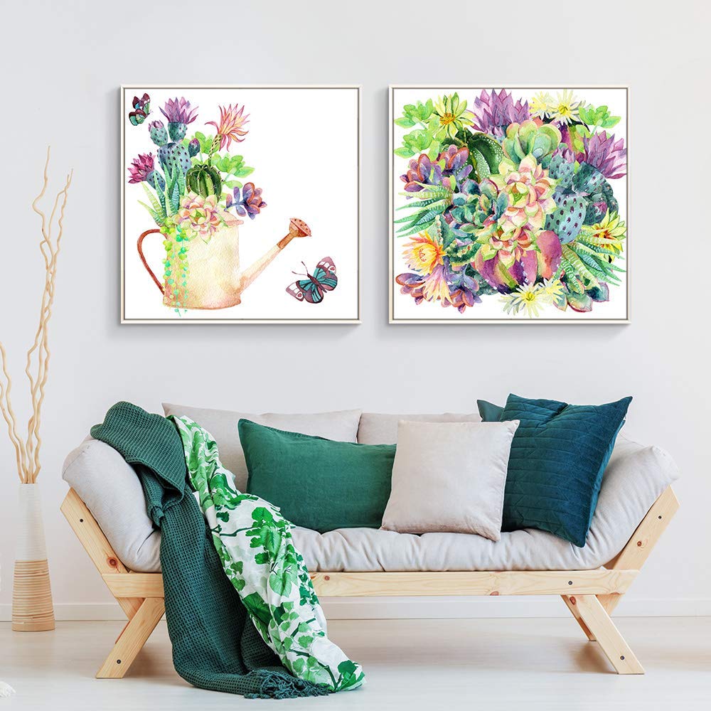 Floating Framed Canvas Wall Art - Green Plant Cactus Print for Living Room & Bedroom Decor - 24x24 Inch 2-Panel Set - Ready to Hang Home Decoration - Perfect for Modern Interior Design & Housewarming Gifts