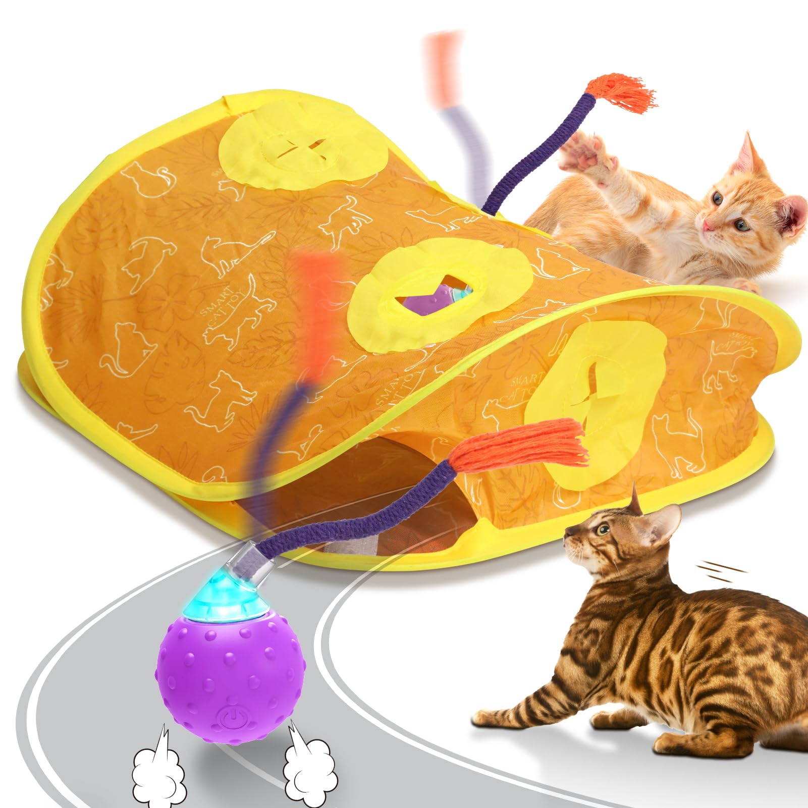 Interactive Electric Cat Ball Toy with Mice Holes - Pop n Play Automatic Rolling Cat Toy & Collapsible Play Tunnel - Fun Exercise & Hunting Simulation for Indoor Cats (Perfect for Playtime & Stress Relief)