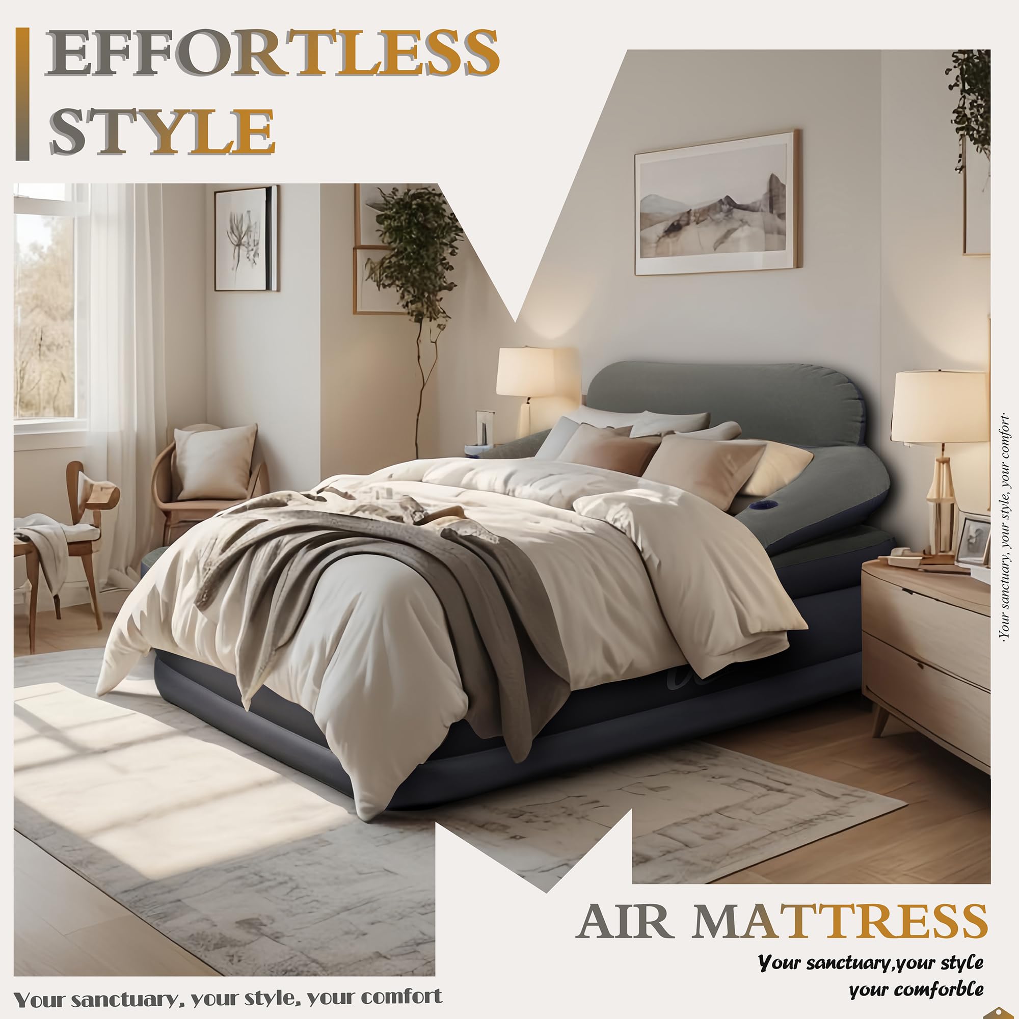 Queen Air Mattress with Headboard & Cup Holders - Comfortable Inflatable Blow Up Bed for Guests, Home & Travel - Portable Airbed for Camping, Sleepovers & Temporary Use