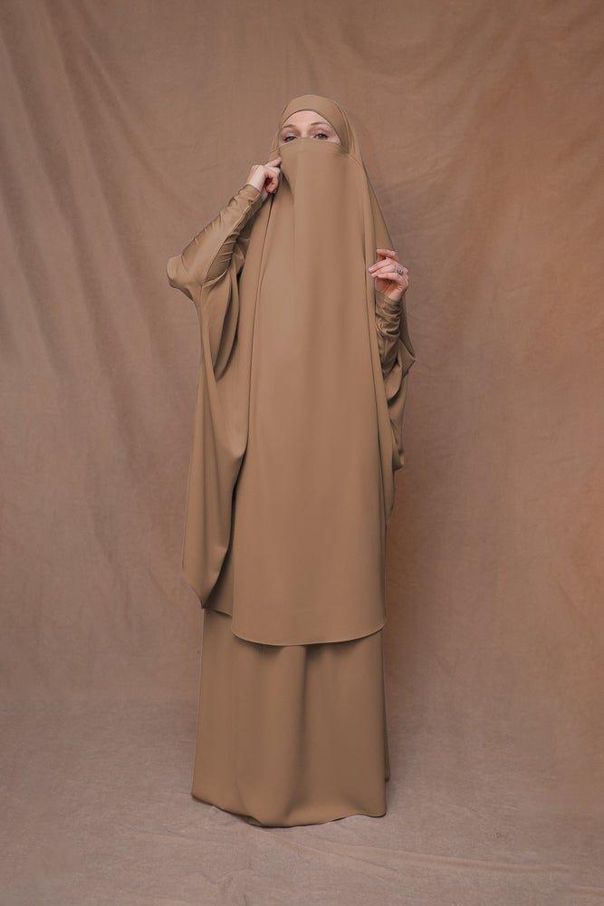 Khaki Moira Islamic Prayer Dress with Niqab - Modest Umrah Gown for Women | Perfect for Hajj, Salah & Religious Ceremonies