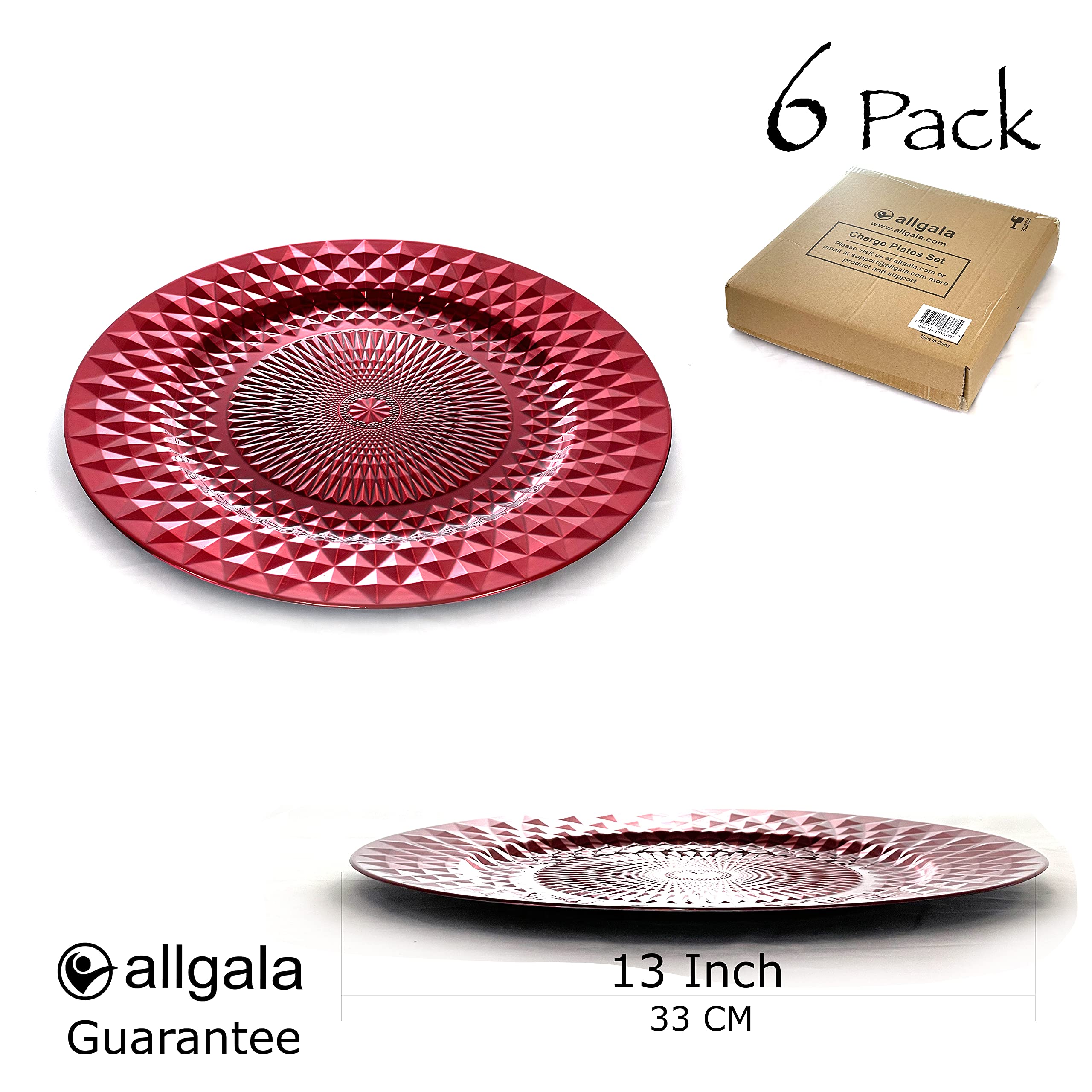 Allgala 13-Inch 6-Pack Heavy Duty Plastic Diamond Pattern Charger Plates - Sparkling Red Wedding Dinner Plates (HD80409) for Elegant Table Settings, Banquets & Special Events