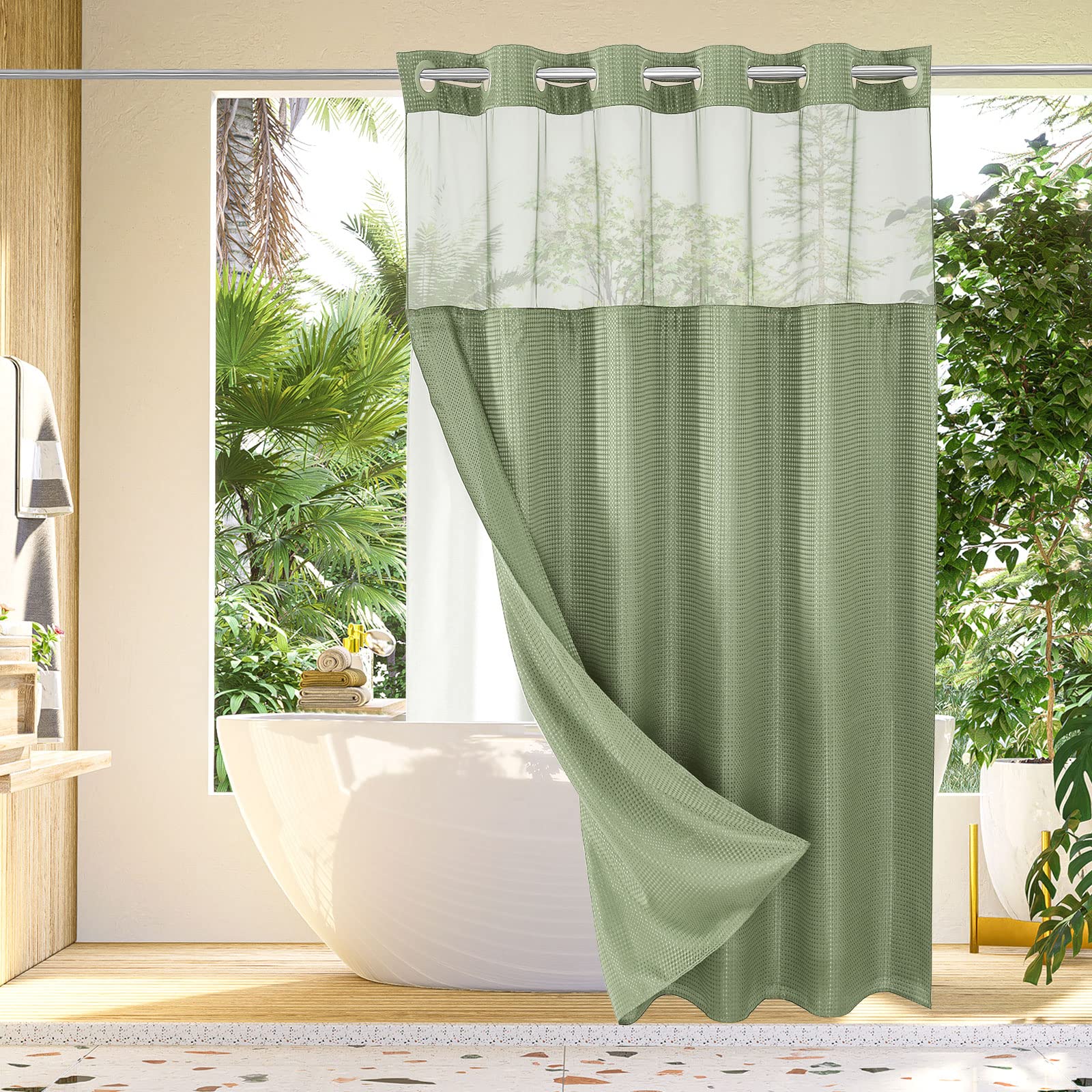Gibelle No Hook Waffle Weave Shower Curtain with Snap-in Fabric Liner Set - Waterproof & Washable Bathroom Shower Curtain with Mesh Top Window, Hotel Style, Sage Green, 72x74 - Perfect for Bathrooms, Guest Rooms & Spa Retreats