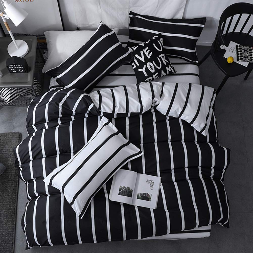 Premium Queen Size Duvet Cover Set - Reversible Black & White Striped Luxury Bedding (1 Duvet Cover + 2 Pillowcases) | Soft Breathable Fabric for All-Season Comfort | Perfect for Modern Bedrooms, Guest Rooms & Airbnb Listings