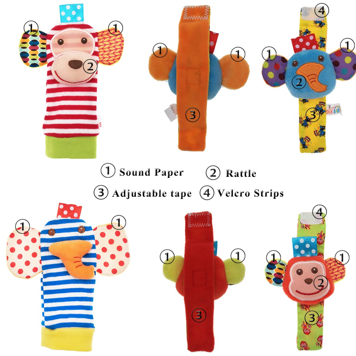 URUTOREO Baby Wrist & Foot Rattles with Socks Set - Soft Animal Rattle Toys (Monkey & Elephant) for Newborns & Infants - 4 Piece Developmental Toy Gift for Baby Shower & Playtime