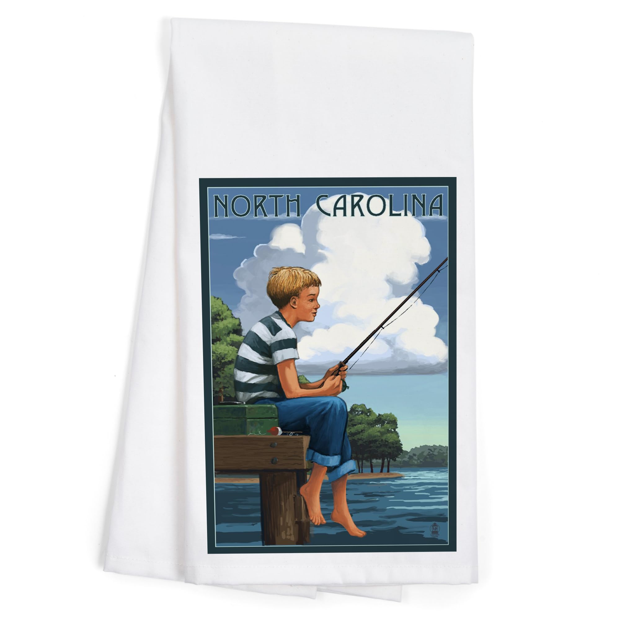 Lantern Press North Carolina Boy Fishing - 100% Cotton Tea Towel, Decorative Hand Towel for Kitchen, Bathroom & Home Decor | Perfect for Dish Drying, Wall Art & Gift Giving