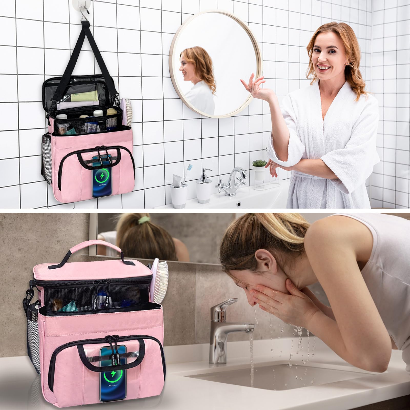 Large Waterproof Hanging Toiletry Bag for Women & Men - Travel Shower Caddy Organizer with Multiple Pockets for College Dorm, Gym, Camping, Cruise Ship - Perfect for Bathroom Essentials & Travel Accessories (Pink)