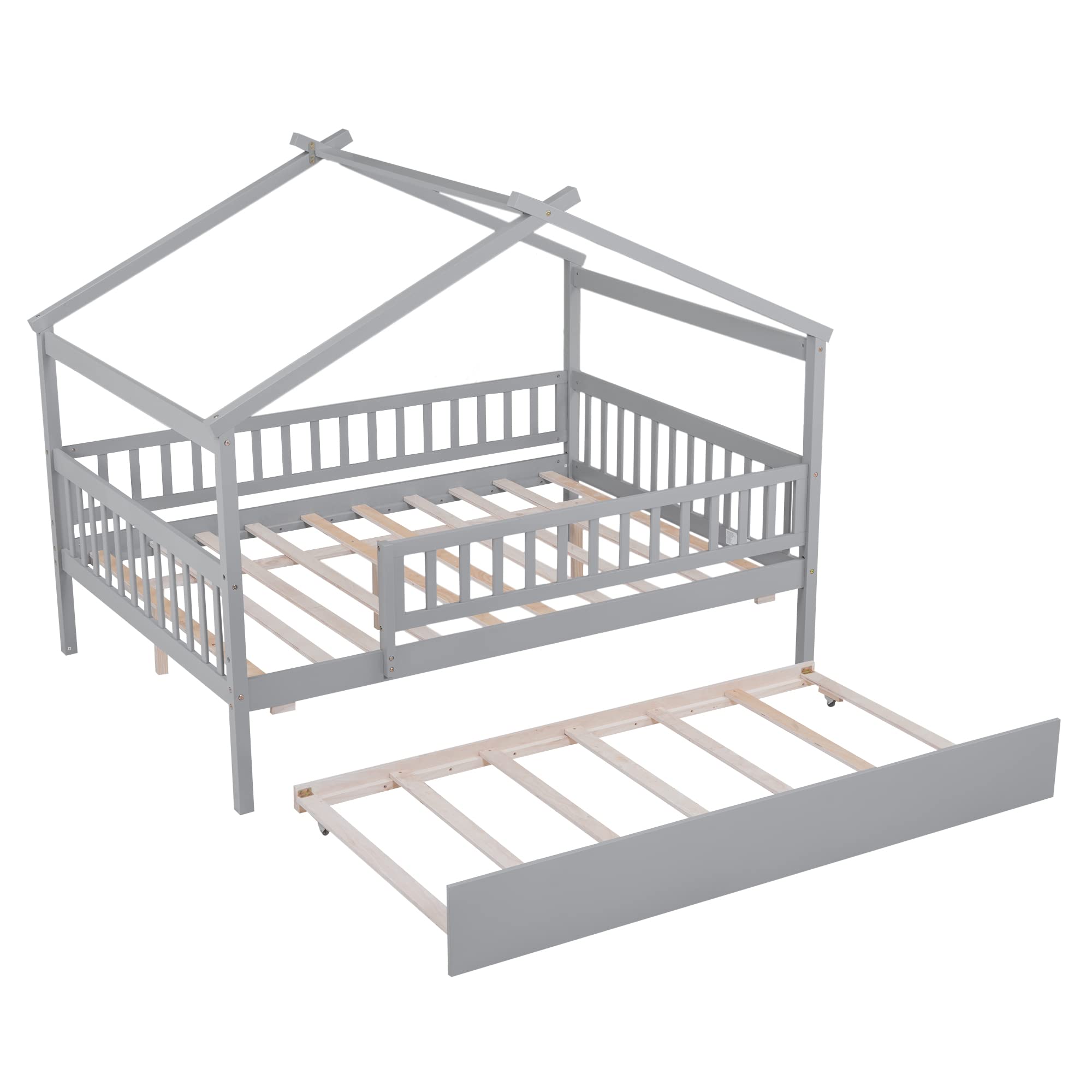 Harper & Bright Designs Full Size Wooden House Bed with Trundle - Kids Bed Frame with Roof & Fence Design for Boys & Girls (Gray) - Perfect for Bedrooms, Playrooms & Montessori Spaces
