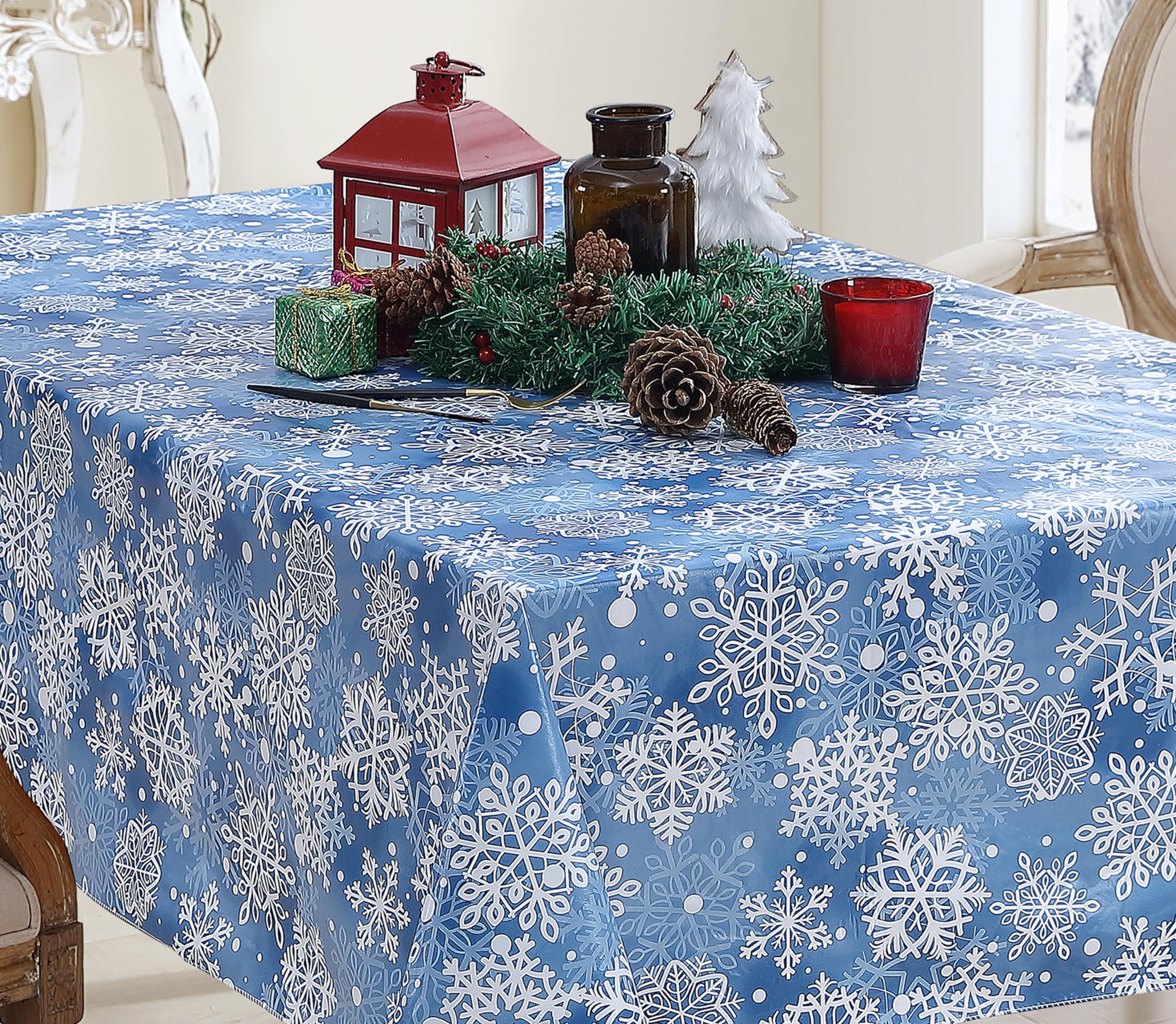 Newbridge Winter Holiday Blue Snowflakes Vinyl Tablecloth with Flannel Backing - Crystal Snowflake Christmas Table Cover, 52” x 70” Oblong/Rectangle, Easy Care Wipe Clean - Perfect for Holiday Dining, Parties & Festive Home Decor