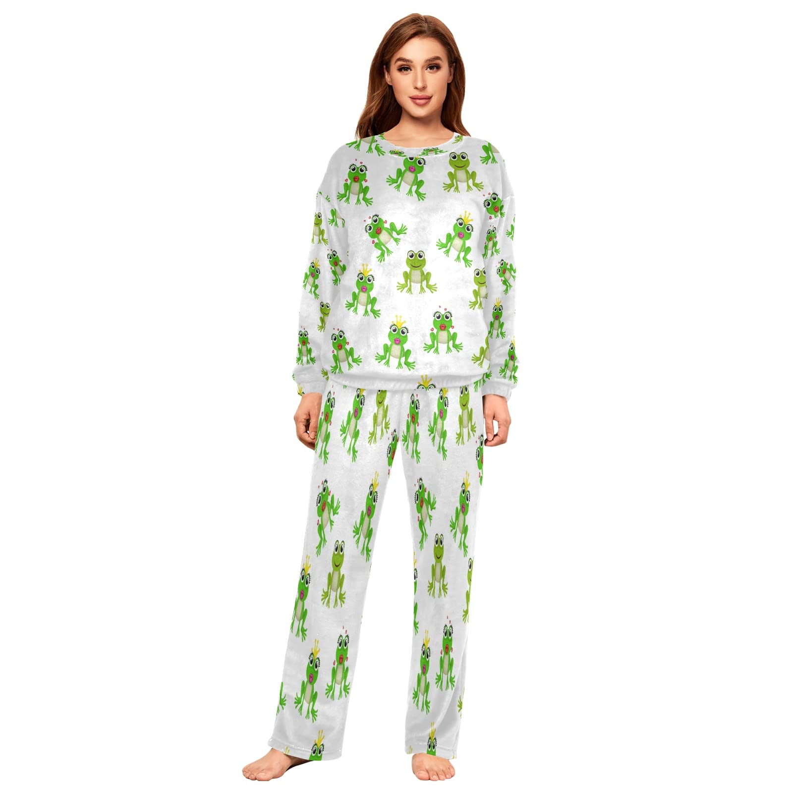 Funny Frog Print Flannel Pajama Set for Women - 2 Piece Long Sleeve Sleepwear & Lounge Outfit - Cozy Winter Nightwear for Relaxing at Home or Sleepovers