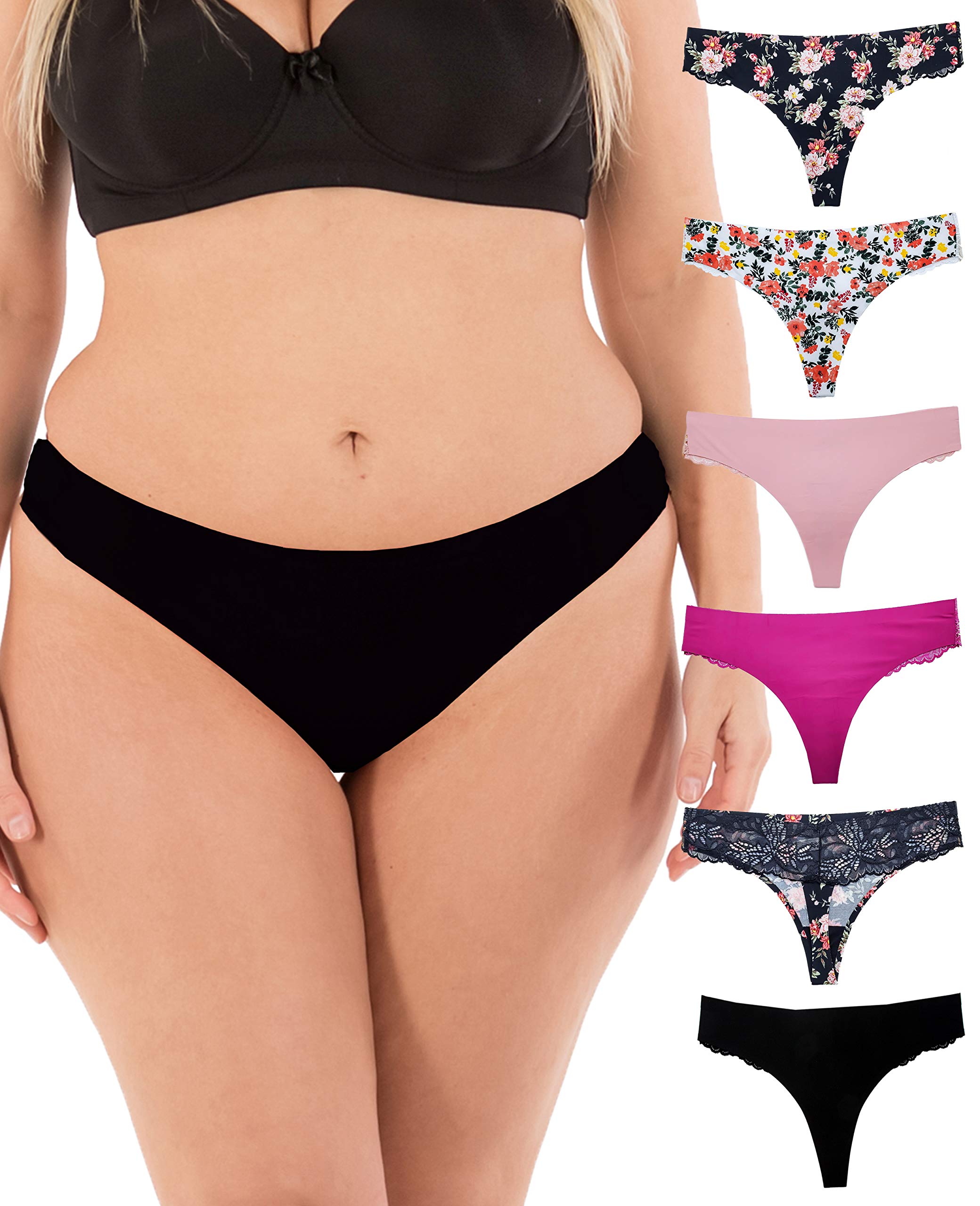 Sexy Lace Back Floral Thongs for Women - No-Show Seamless Invisible Panties - 6 Pack (Small to Plus Size) - Perfect for Everyday Wear, Date Nights & Special Occasions