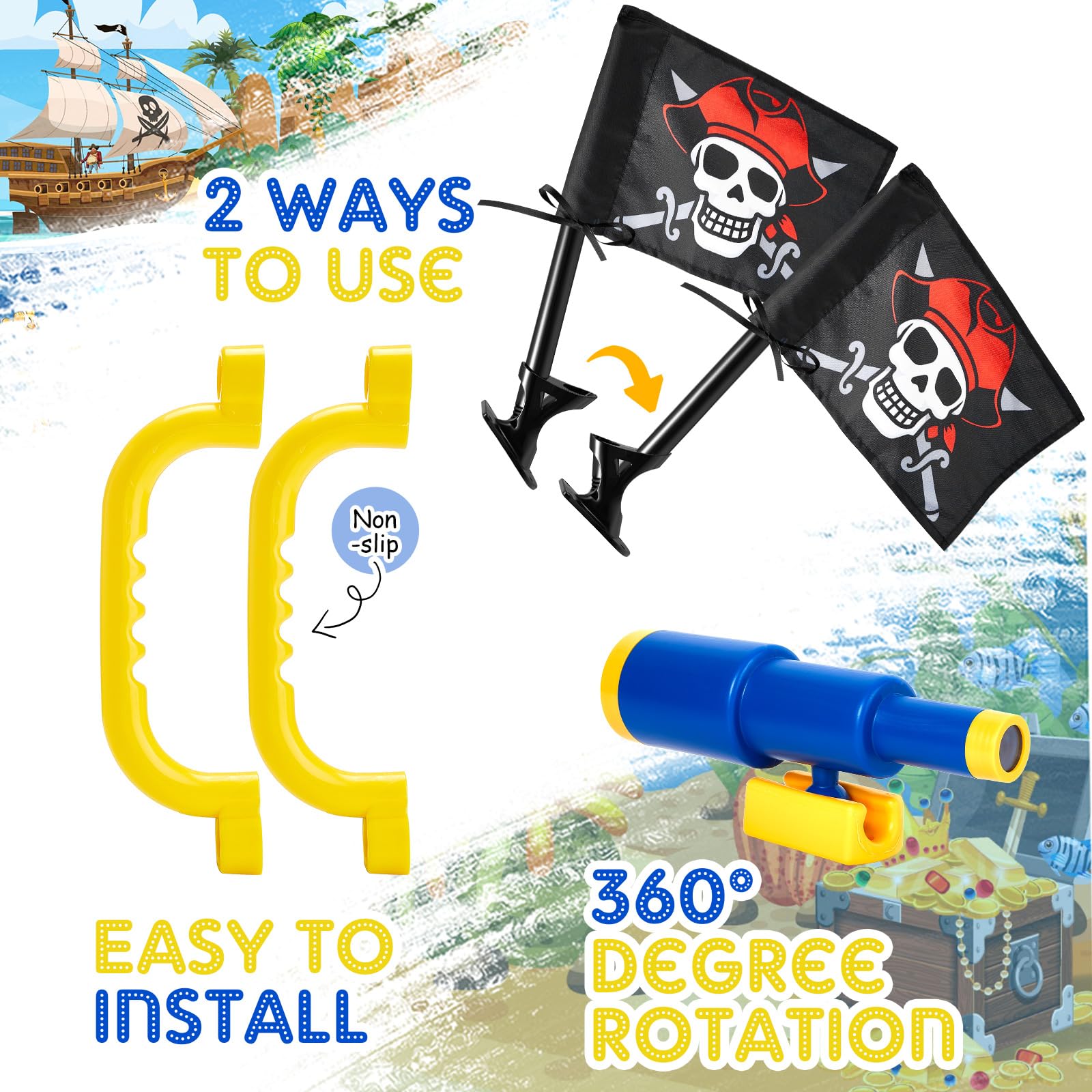 Junkin 5-Piece Pirate Playground Set - Plastic Steering Wheel, Telescope, Safety Handles & Flags for Outdoor Swing Set, Playhouse, Treehouse & Jungle Gym Accessories (Blue) - Perfect for Backyard Adventures & Kids' Imaginative Play