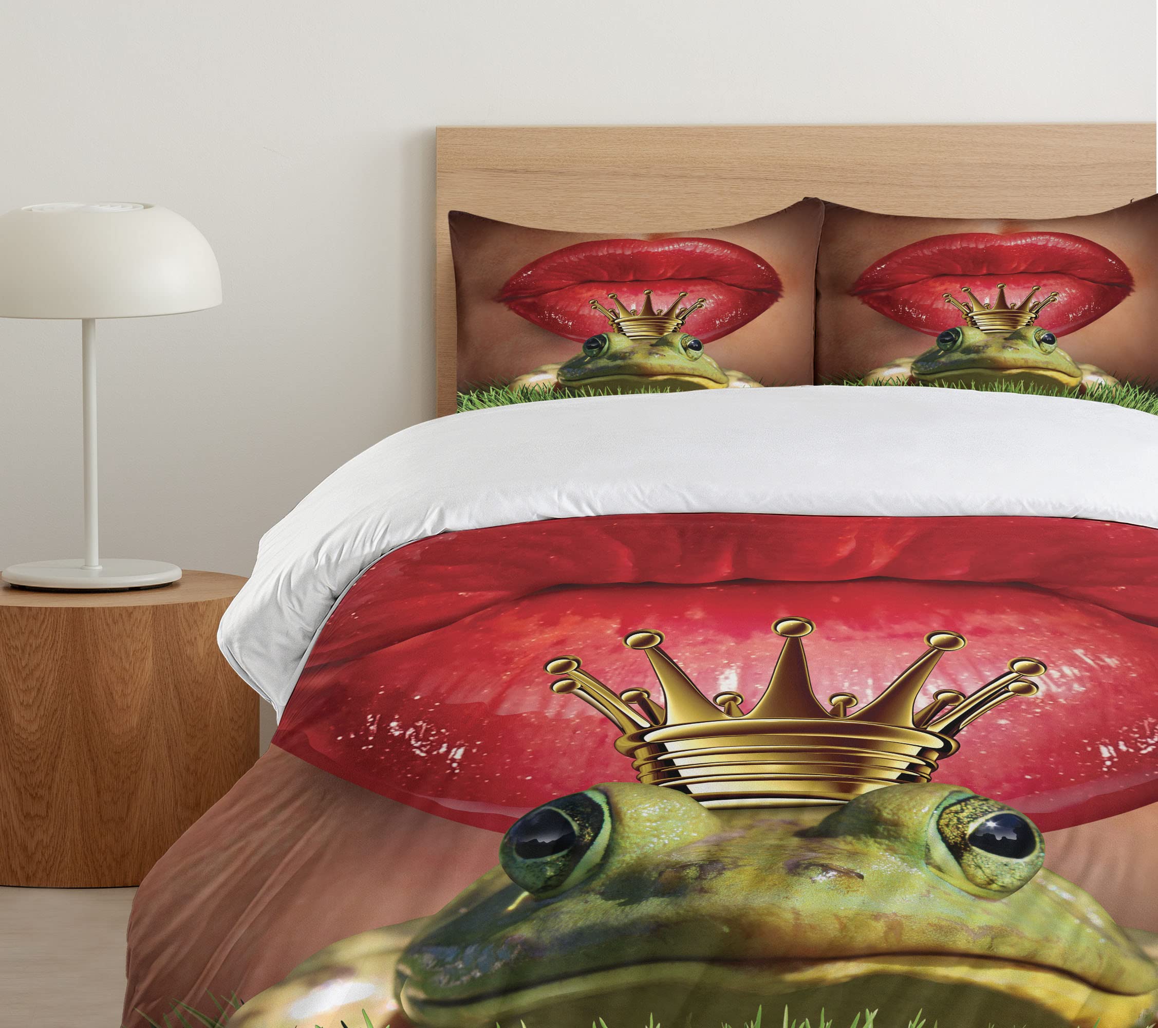 Ambesonne Animal Duvet Cover Set - Lady Finds Her Frog Prince Charming Soul Mate in Love Romance Art, 3-Piece Bedding Set with 2 Pillow Shams, California King Size, Green Red Yellow Design | Perfect for Master Bedroom, Guest Room & Fairy Tale Themed Decor