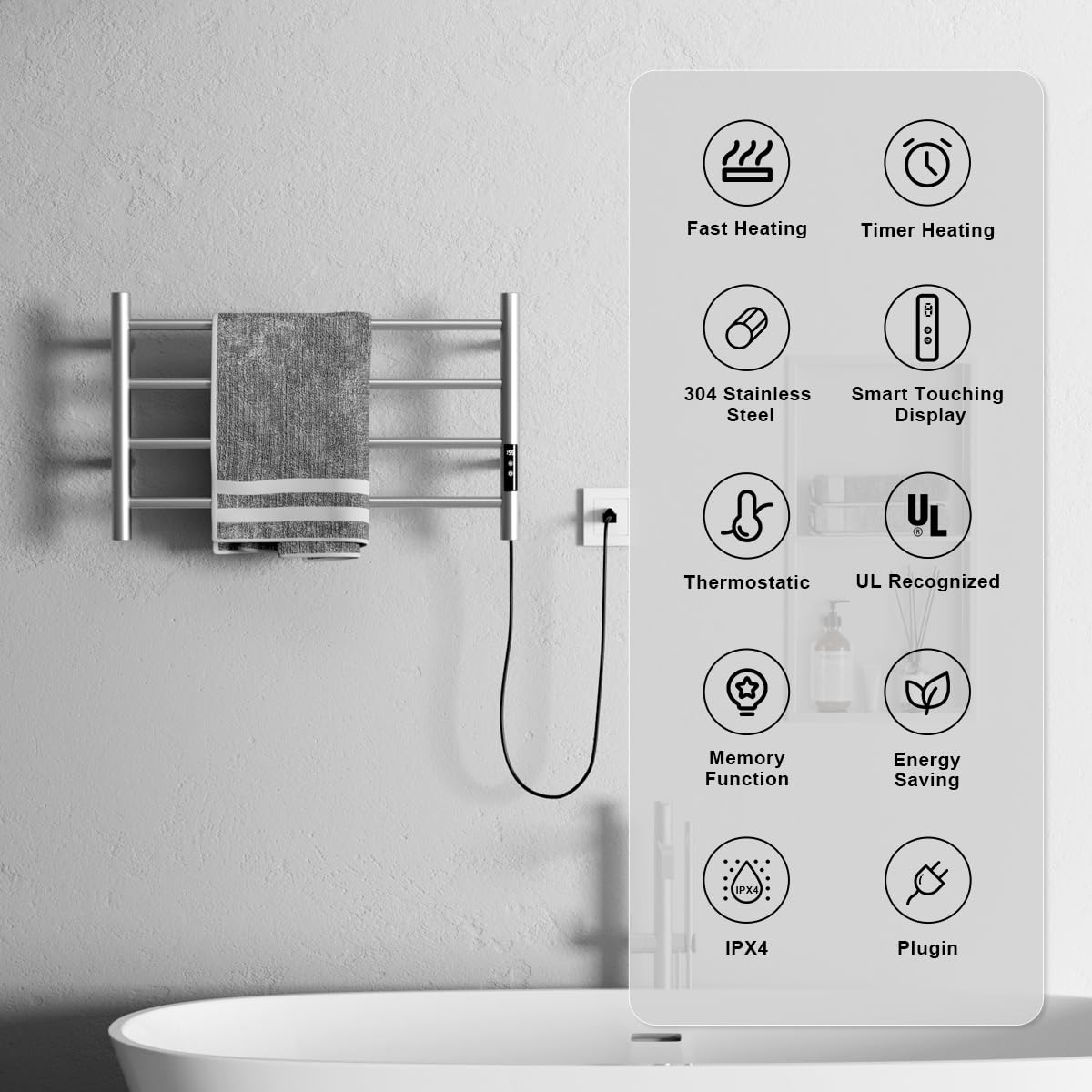 Fast Heating Smart Towel Warmer with Touch Screen Timer - Plug-in Wall Mounted Bathroom Towel Heater Rack in Brushed Nickel - Perfect for Spa, Luxury Hotels & Cozy Home Bathrooms