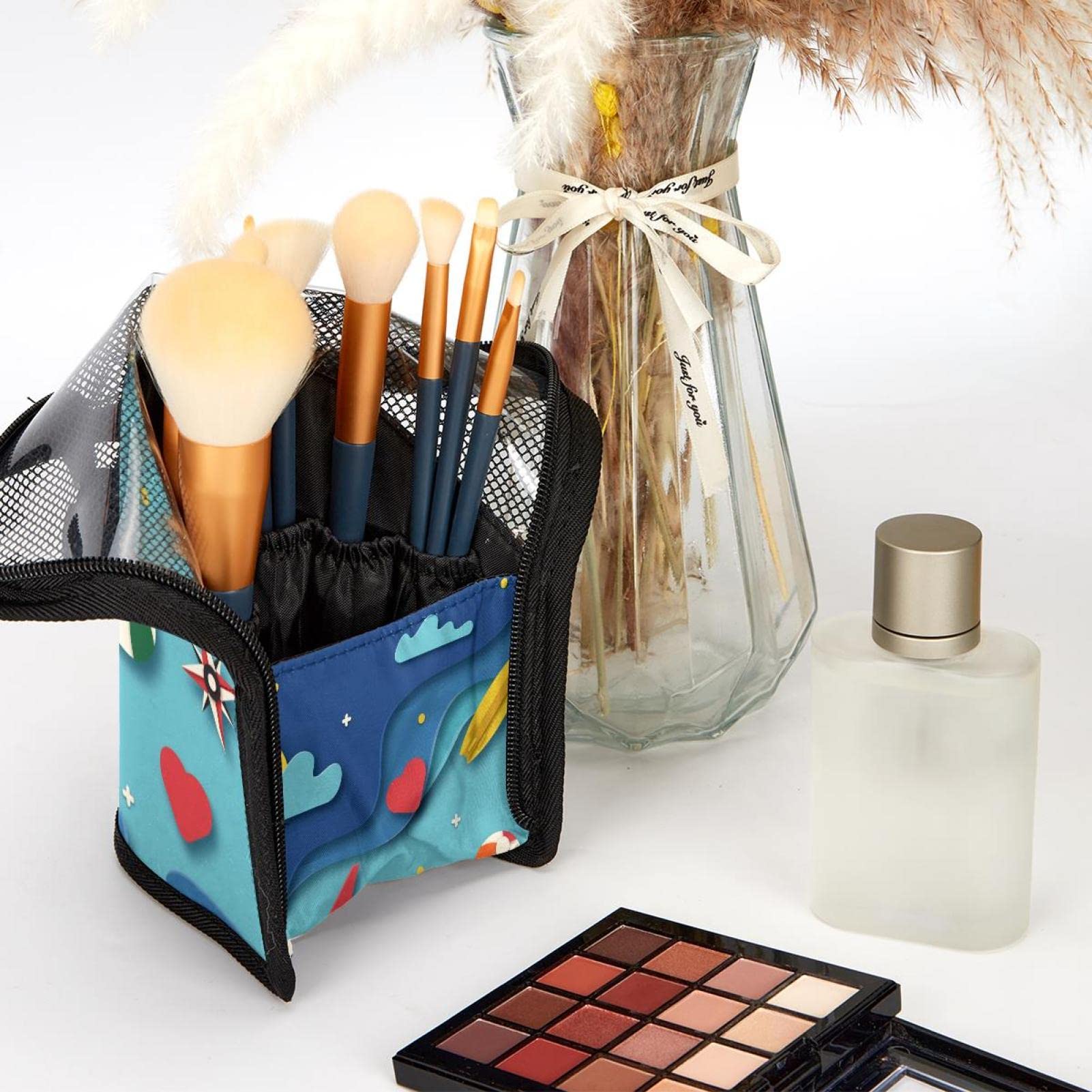 12-Piece Makeup Brush Organizer Bag with Travel Case - Portable Cosmetic Brush Holder for Night Starry Sky Design | Perfect for Travel, Home Storage & Professional Makeup Artists