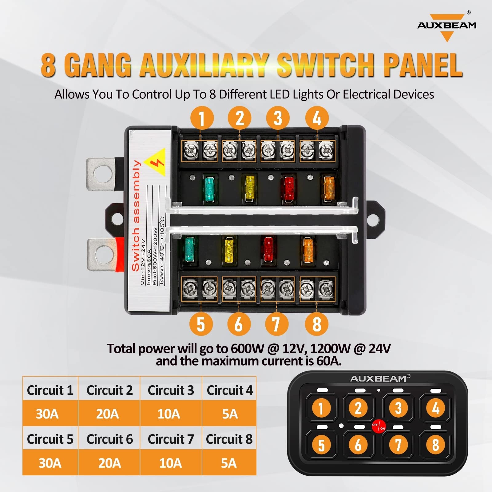 **Auxbeam 8 Gang Switch Panel BB80 - Universal Circuit Control Relay System with Auto Dimmable LED Touch Switch for Car, Truck, Boat, ATV & UTV - Blue (2-Year Warranty) - Perfect for Off-Roading, Marine & RV Upgrades**