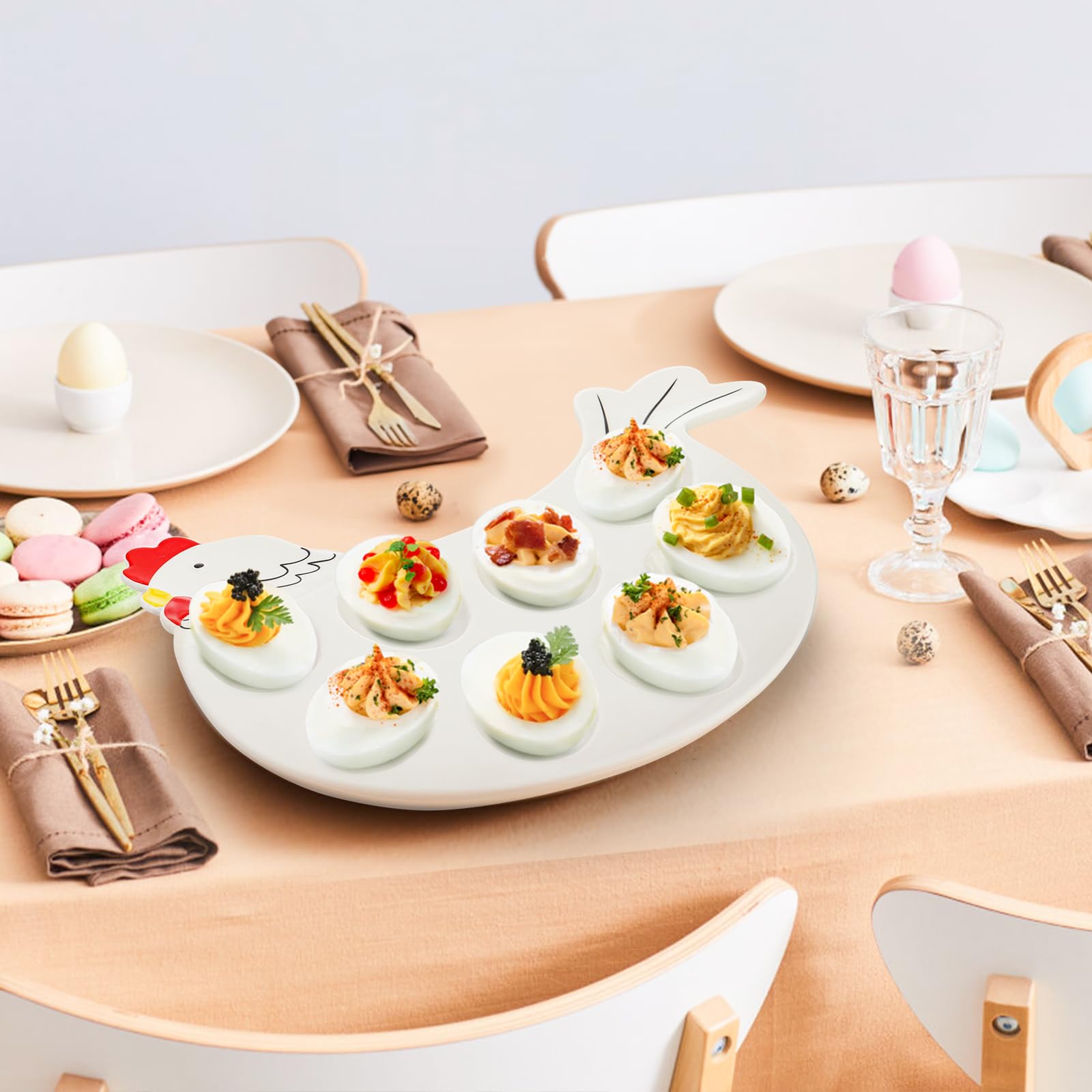Hedume 2 Pack Ceramic Deviled Egg Platter Tray - Hen Shaped 8-Cup Egg Dish for Easter, Kitchen, Refrigerator & Countertop Display - Perfect for Parties, Holidays & Entertaining