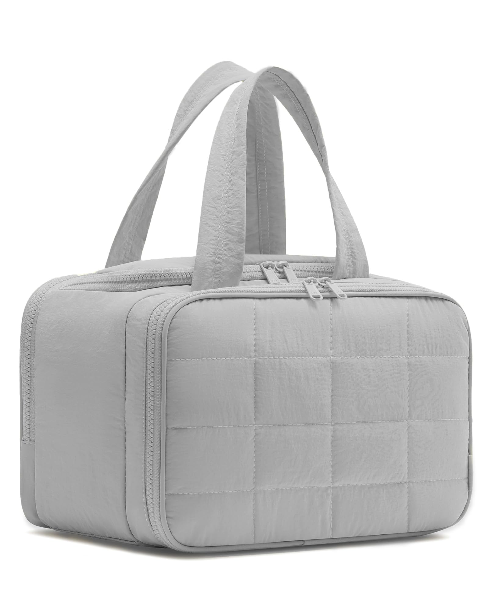 Quilted Travel Toiletry Bag for Women - Lightweight Cosmetic Organizer with Handle for Makeup, Accessories & Essentials | Perfect for Vacation, Gym & Business Trips (Grey)