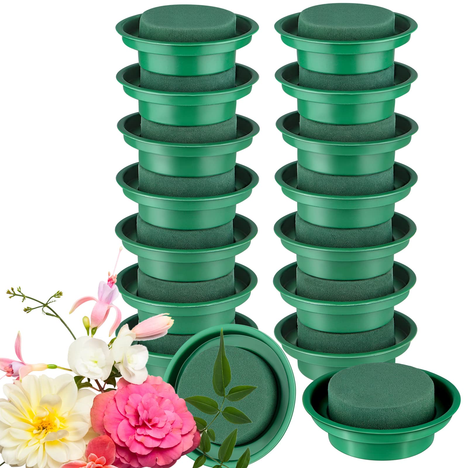 16 Pack Floral Foam Rounds in Bowls - Green Wet Flower Foam Blocks for DIY Fresh & Artificial Flower Arrangements - Perfect for Birthday, Wedding, Party Decorations & Home Centerpieces