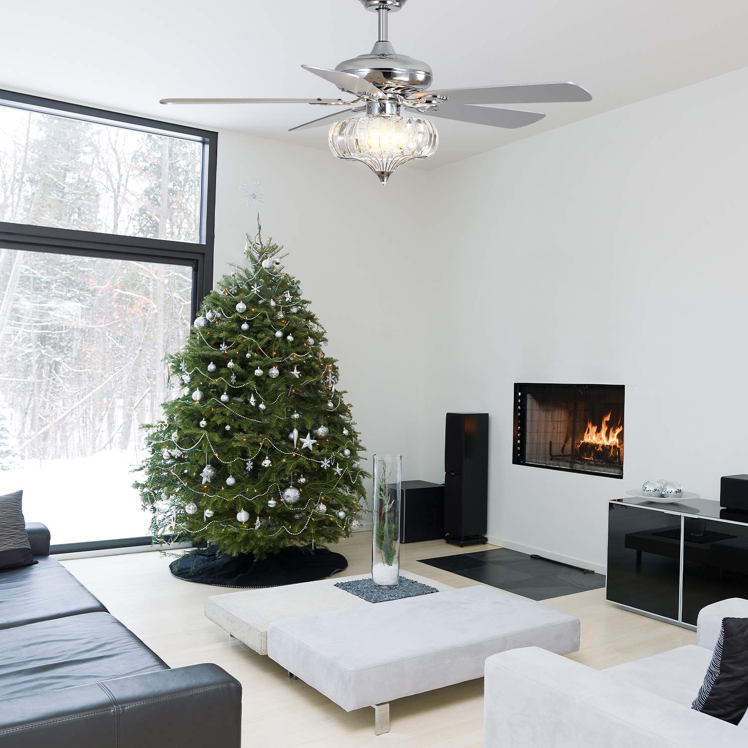 52 Inch Crystal Ceiling Fan with Remote Control - Reversible Silver Blades, Modern Chandelier Design for Living Room, Bedroom & Kitchen | Perfect for Home Cooling and Stylish Décor