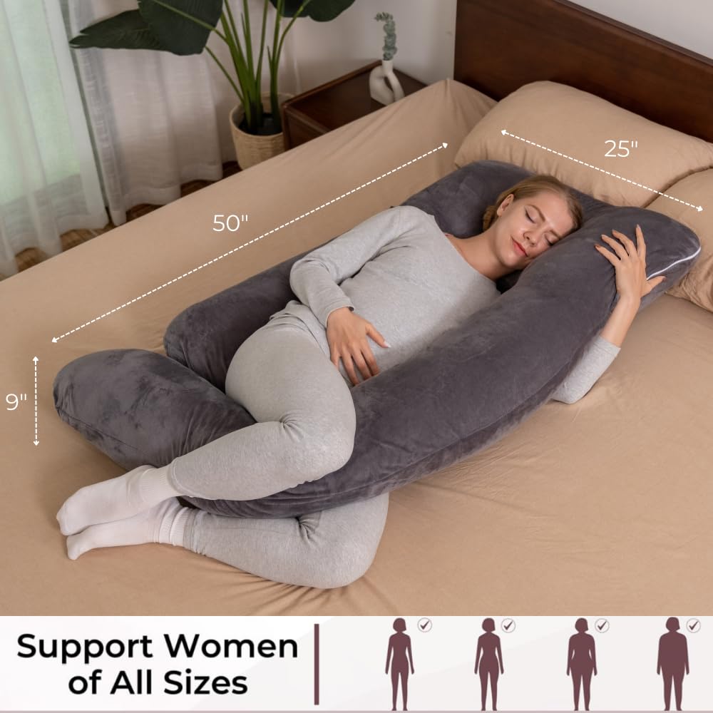 Malena Life G-Shaped Pregnancy Pillow with 2 Removable Covers | 50-inch Ergonomic Full Body Pillow for Sleeping, Maternity Support & Post-Surgery Recovery - Grey Velvet & Blue Cotton | Perfect for Side Sleepers, Pregnant Women & Recovery Patients