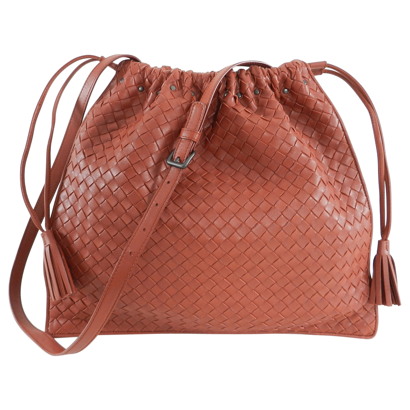 Bottega Veneta Brick Red Intrecciato Leather Drawstring Bag - Luxury Crossbody Purse for Women, Fashionable Shoulder Bag for Daily Use, Work & Travel Accessories