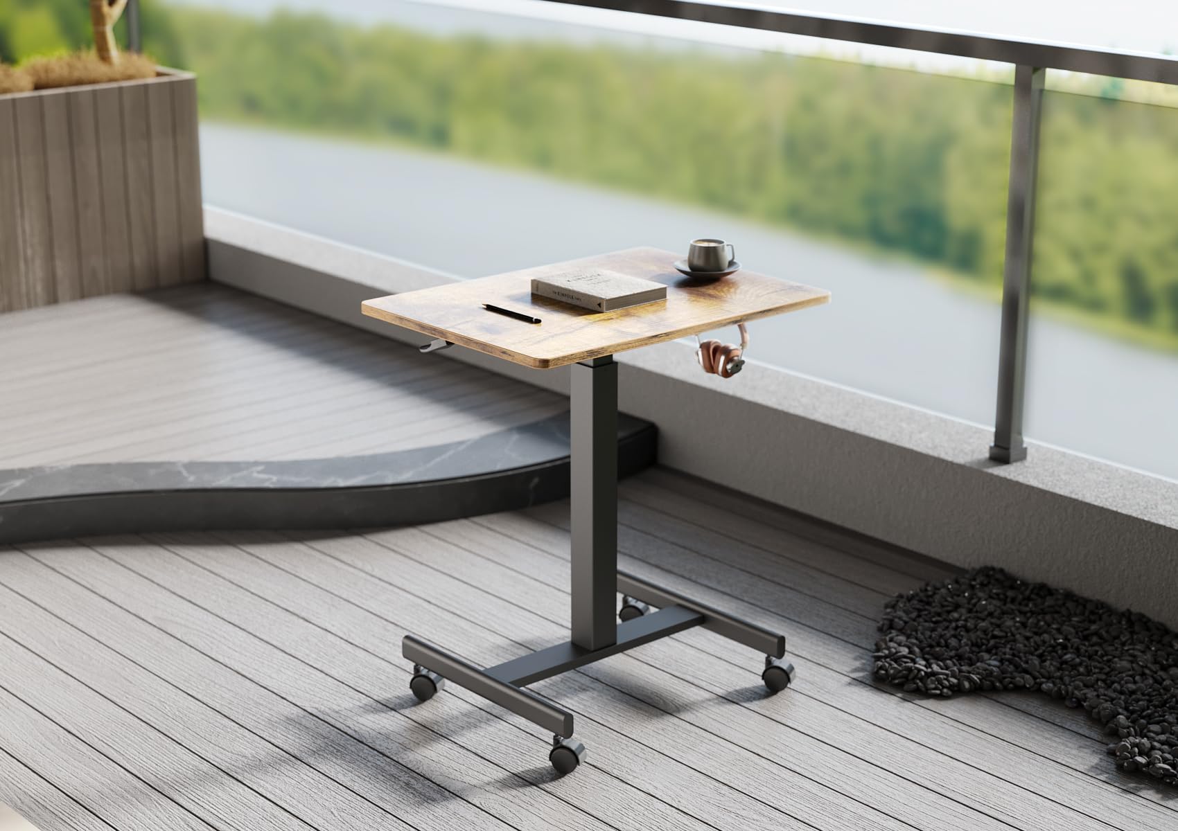 Claiks Mobile Standing Desk with Wheels - Adjustable Height Small Rolling Workstation for Home Office, Pneumatic Laptop Desk with Hook in Rustic Brown | Perfect for Remote Work, Study & Small Spaces