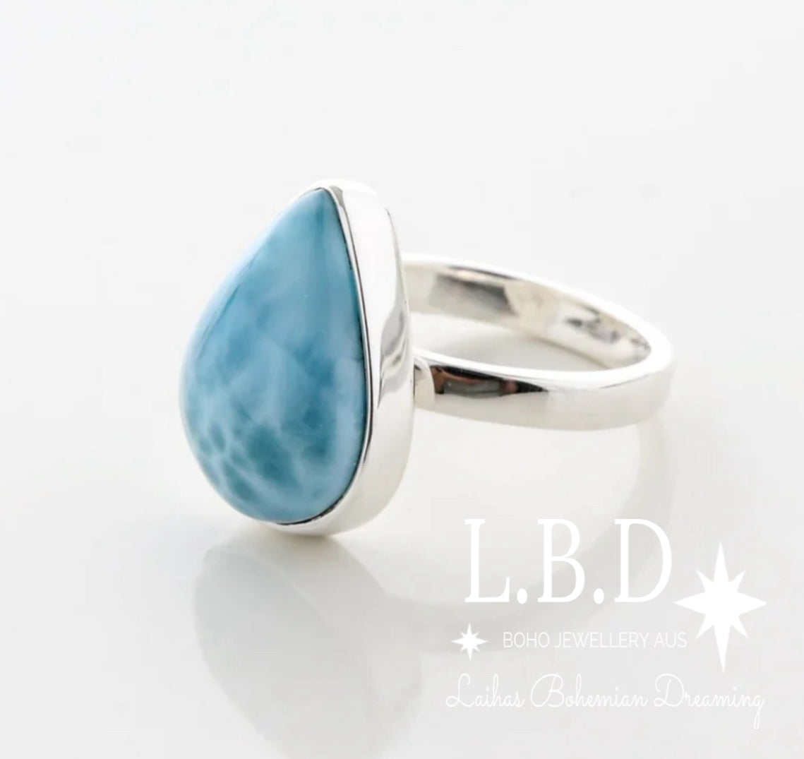 Laihas Rejuvenating Larimar Ring - Natural Blue Gemstone Jewelry for Women, Healing Crystal Ring for Stress Relief & Positive Energy - Perfect for Meditation, Yoga & Spiritual Gifts