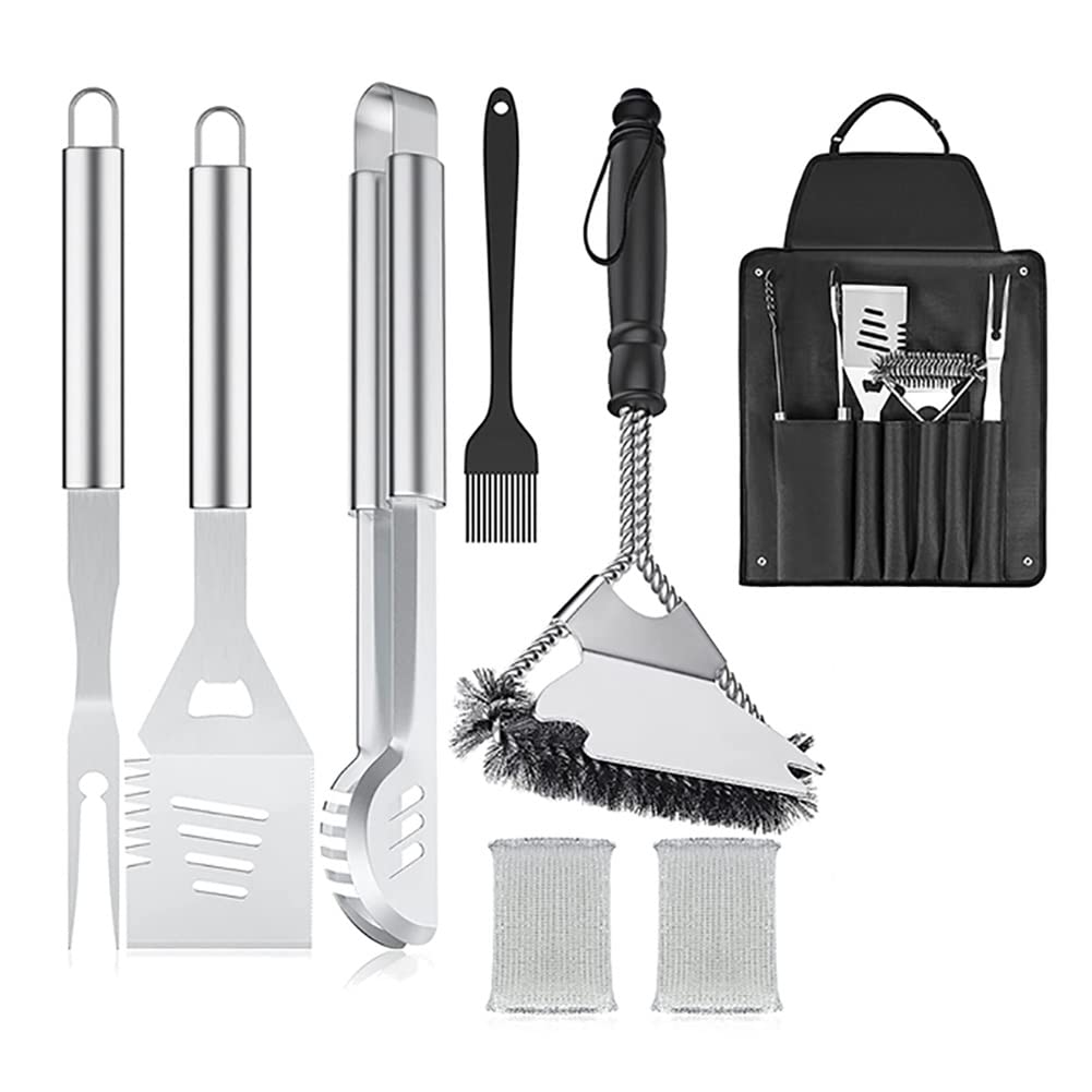 Premium 6-Piece BBQ Grill Tool Set - Stainless Steel Spatula, Long Tongs, Fork, Scraper & Silicone Basting Brush with Storage Apron - Perfect for Backyard Grilling, Camping & Outdoor Cooking Parties