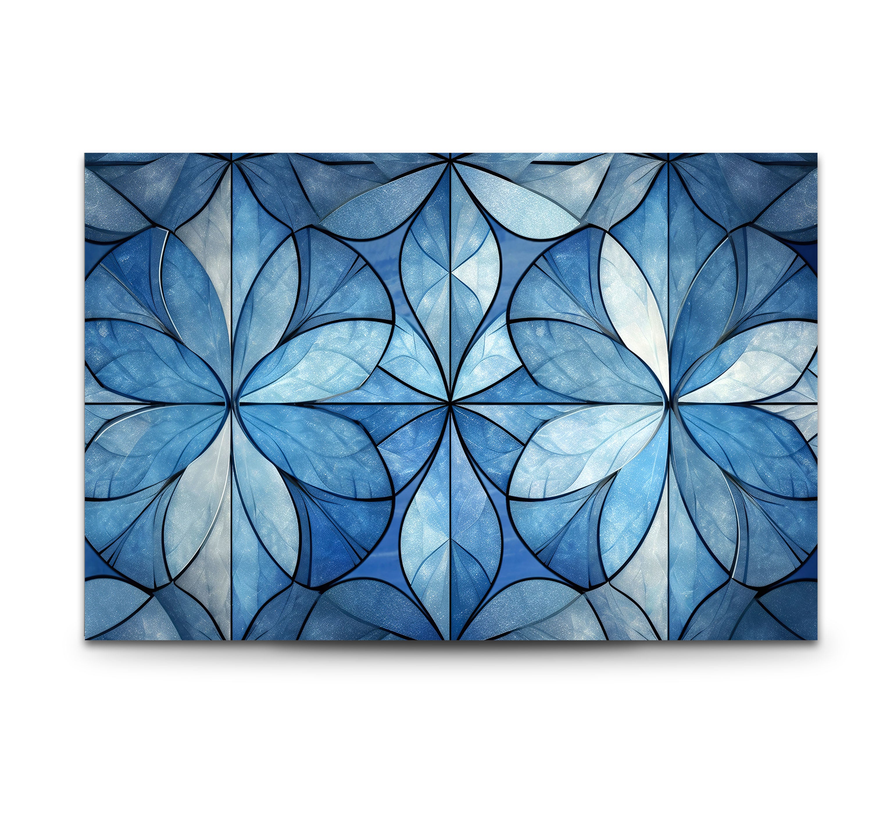 Blue Floral Geometric Wall Art - Modern Glass Panel with Elegant Petal Design for Home Decor, Living Room & Office