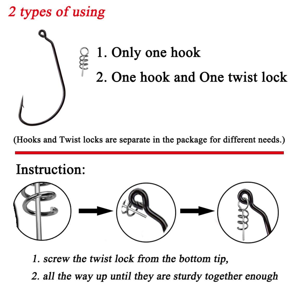 NORTH BAY 50pcs/Box Twist Lock Fishing Hooks - Worm Hooks Kit with Centering Pin for Soft Lure Baits (5 Sizes) - Perfect for Bass, Trout & Freshwater Fishing