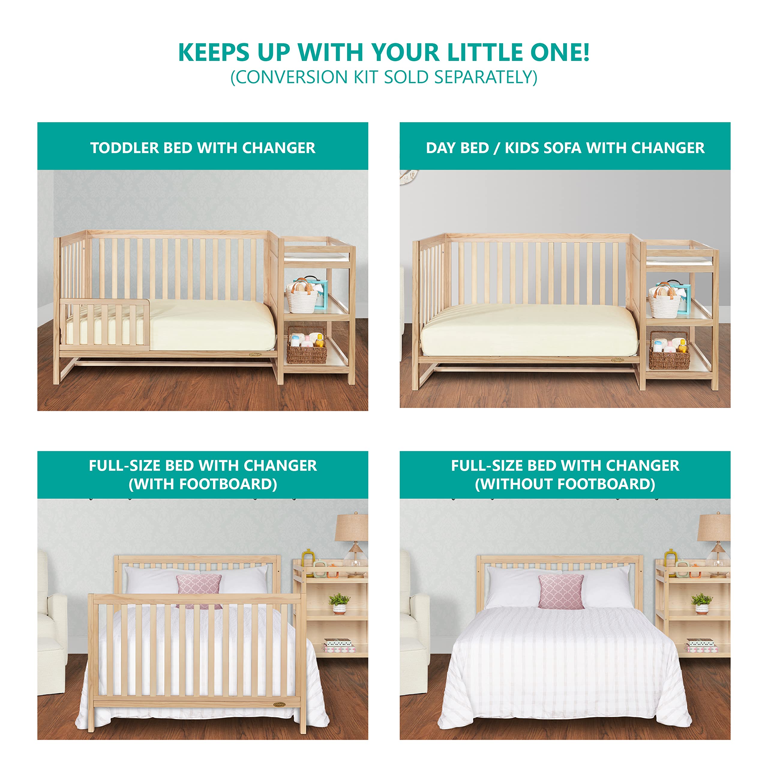 Dream On Me Milo 5-in-1 Convertible Crib & Changing Table with Free Changing Pad - Vintage White Oak Finish, 3 Adjustable Mattress Heights, Non-Toxic Pinewood | Nursery Furniture for Baby's Bedroom & Daycare Centers