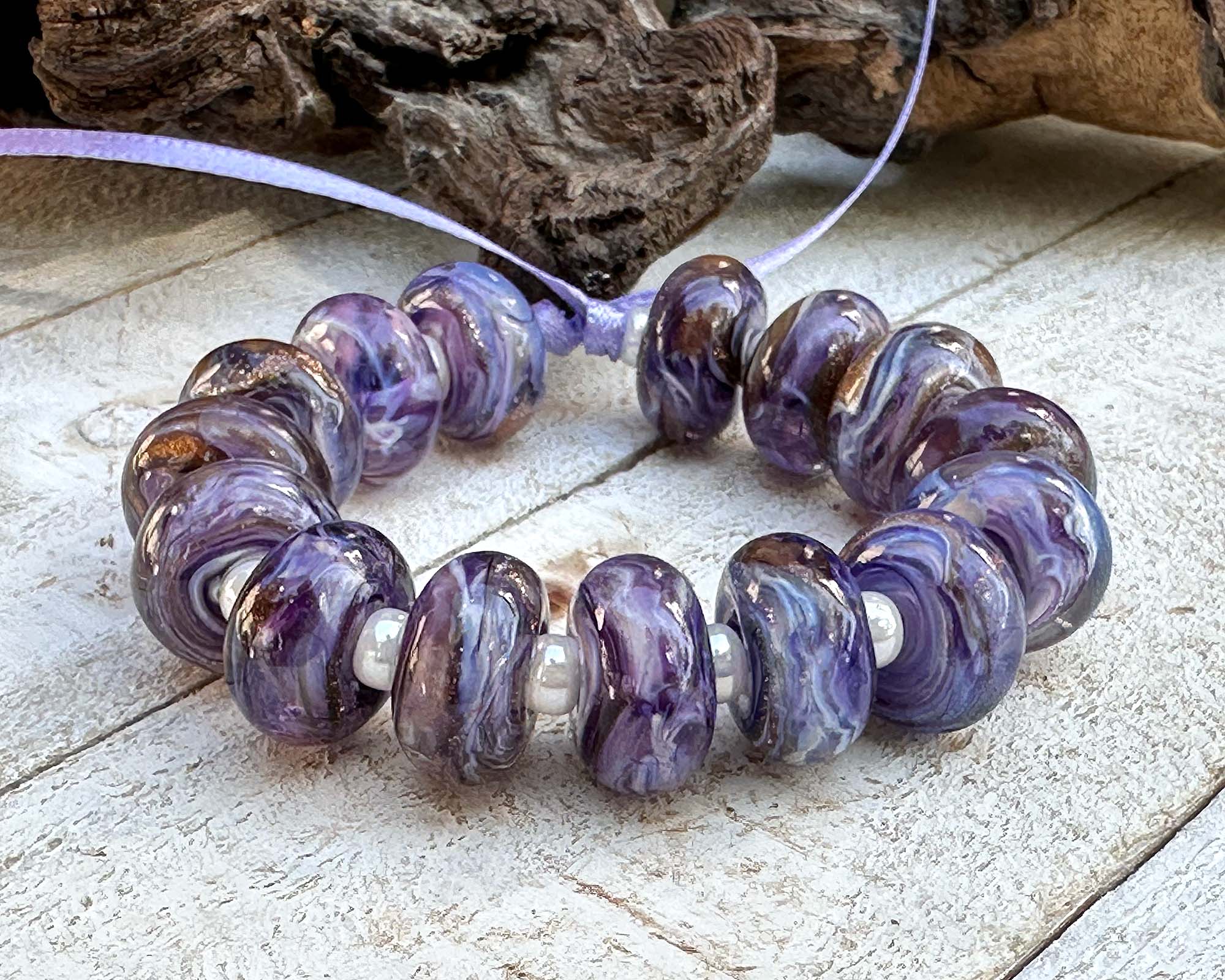 15-Piece Purple Swirl Lampwork Glass Beads Set for Jewelry Making - DIY Necklace, Bracelet & Earrings Craft Supplies - Perfect for Beaders and Artisan Creations
