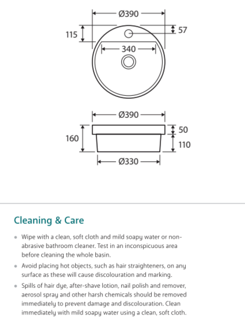 Fienza Reba RB4066 Semi Inset Bathroom Sink with Single Tap Hole - White Porcelain Ceramic Basin for Modern Vanity & Powder Room Installation