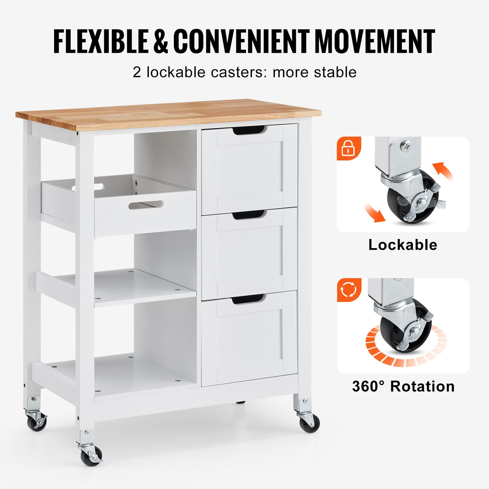VEVOR White 26-inch Rolling Kitchen Island Cart with 3 Drawers & Shelves, Wood Top Mobile Breakfast Bar - Perfect for Dining, Kitchen, Living Room & Farmhouse Style Homes | Space-Saving Storage Solution for Small Kitchens & Entertaining Guests