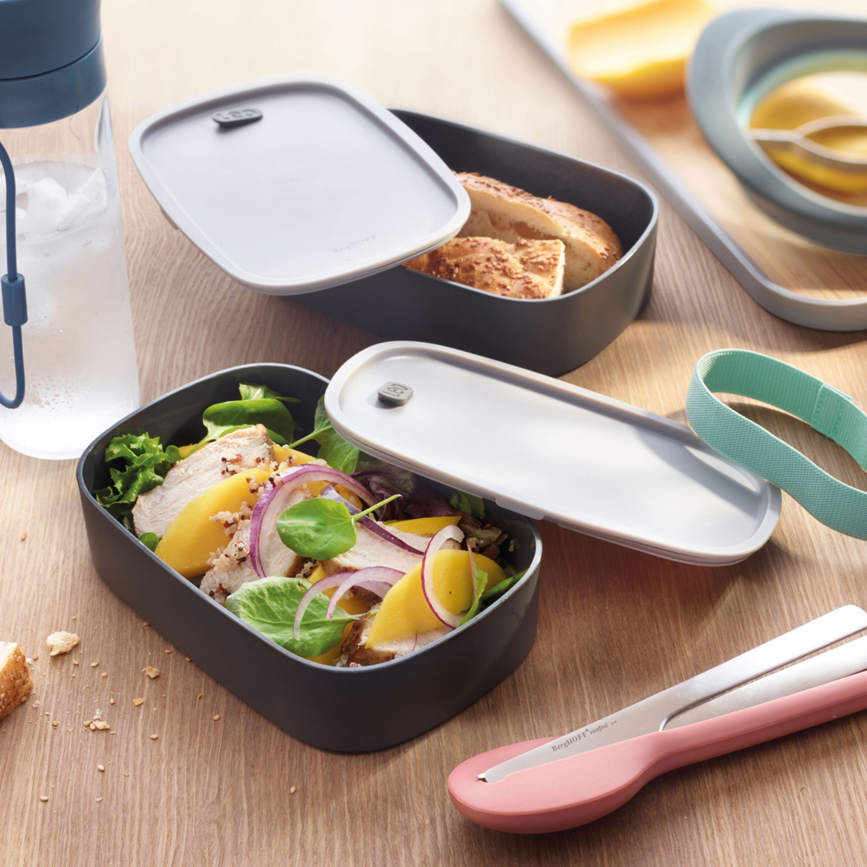 BergHOFF Leo 3-Piece Dual Compartment Bento Lunch Box Set with Adjustable Strap - Gray & Mint - Perfect for Office, School, Picnics & Meal Prep