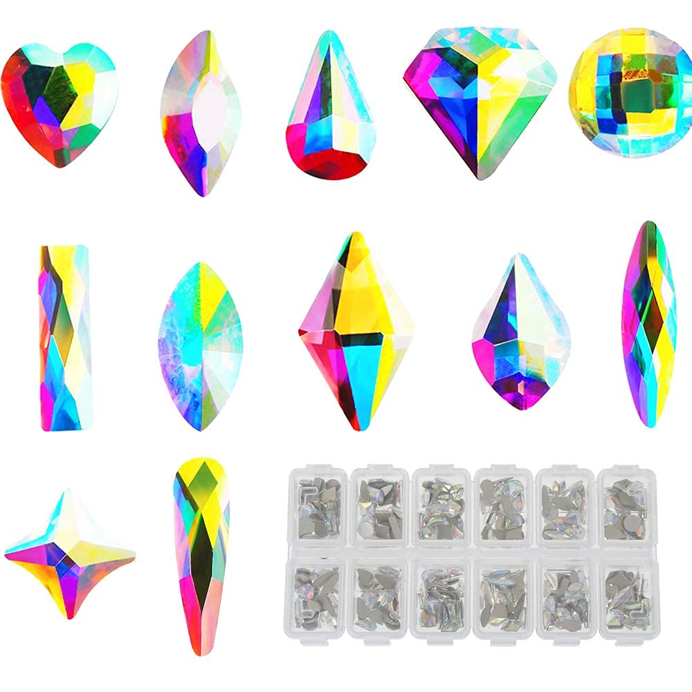 Crystal Nail Art Rhinestones - 12 Designs Non Hotfix Flatback Acrylic Gems for 3D Nails DIY Decoration | Perfect for Manicure, Nail Salon & Home Nail Art