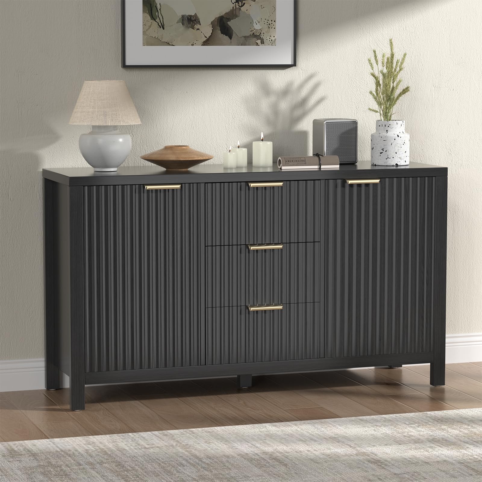Fluted Storage Cabinet with 2 Doors & 3 Drawers - 47