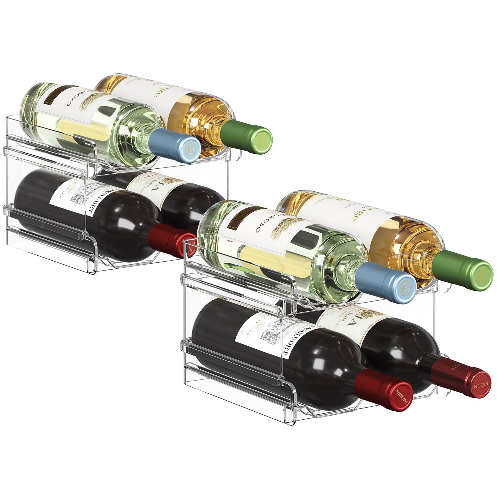 Stackable Plastic Wine Rack for Refrigerator - 8 Bottle Organizer for Cabinet, Countertop, Pantry | Space-Saving Wine & Water Bottle Holder for Kitchen, Home Bar, Party Storage