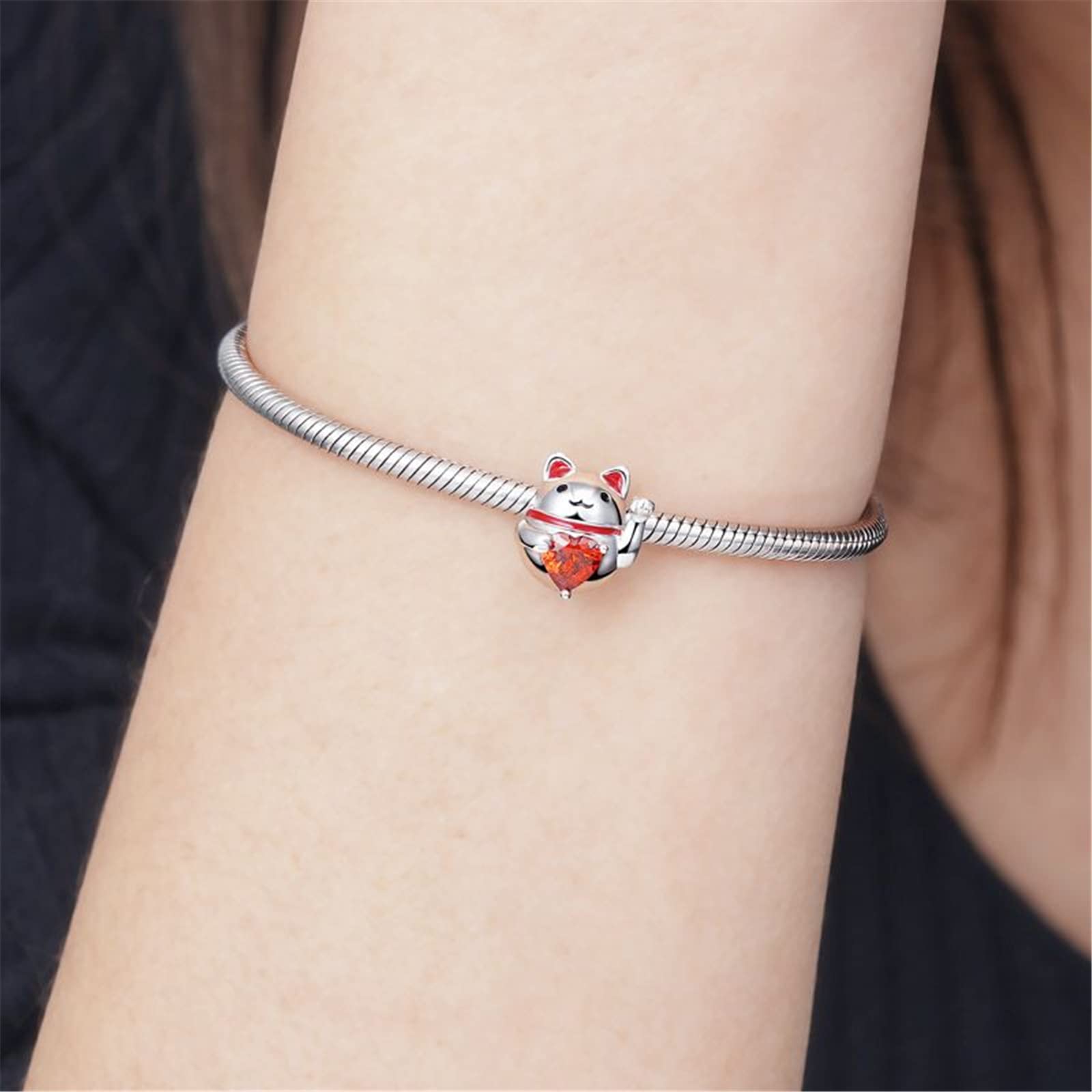 GNOCE 925 Sterling Silver Wolf & Fox Gemstone Charms with Cute Animal Embraces Heart - Perfect for Snake Chain Bracelets & Necklaces - Elegant Jewelry Gift for Women, Wife (Lucy Cat) - Ideal for Everyday Wear, Romantic Dates & Special Occasions