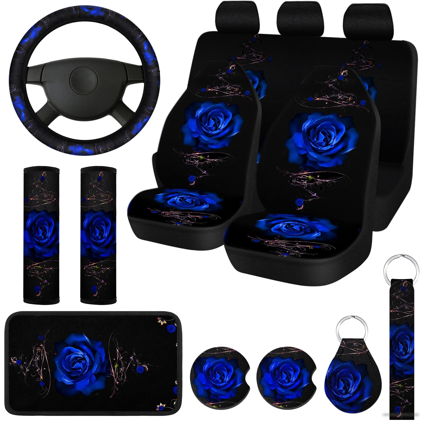 15-Piece Rose Flower Car Seat Covers Set for Women - Universal Fit with Rubber Steering Wheel Cover, Armrest & Seatbelt Covers - Front & Rear Backrest Protection - Soft Polyester Fabric (Blue) - Perfect for Daily Commute, Road Trips & Car Interior Decoration